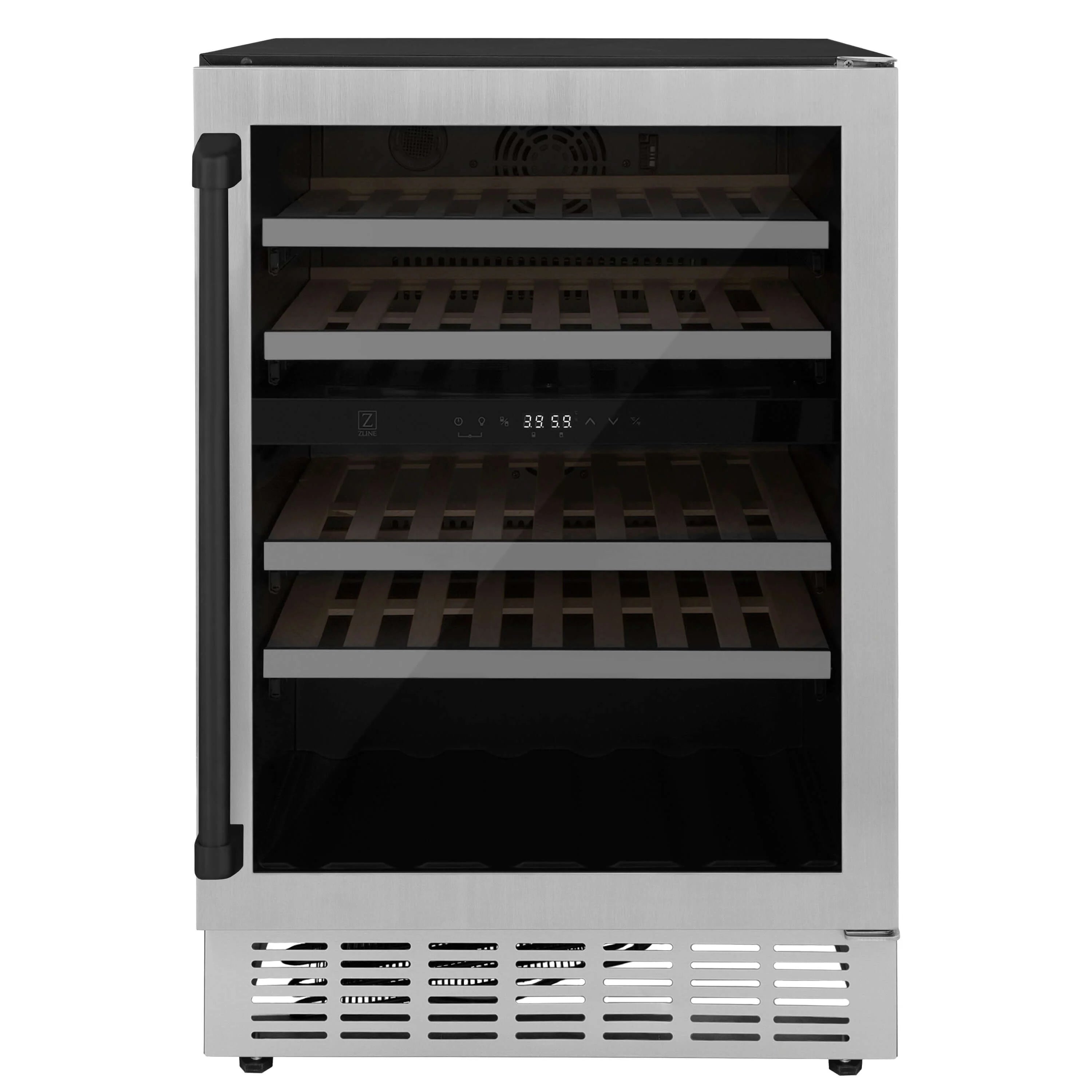 Front view dual-zone wine cooler with glass door, wooden roll-out shelves, and digital control