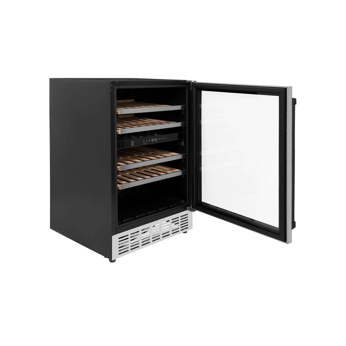 Dual-zone wine cooler with door open, matte black outer frame, and stacked wooden shelves