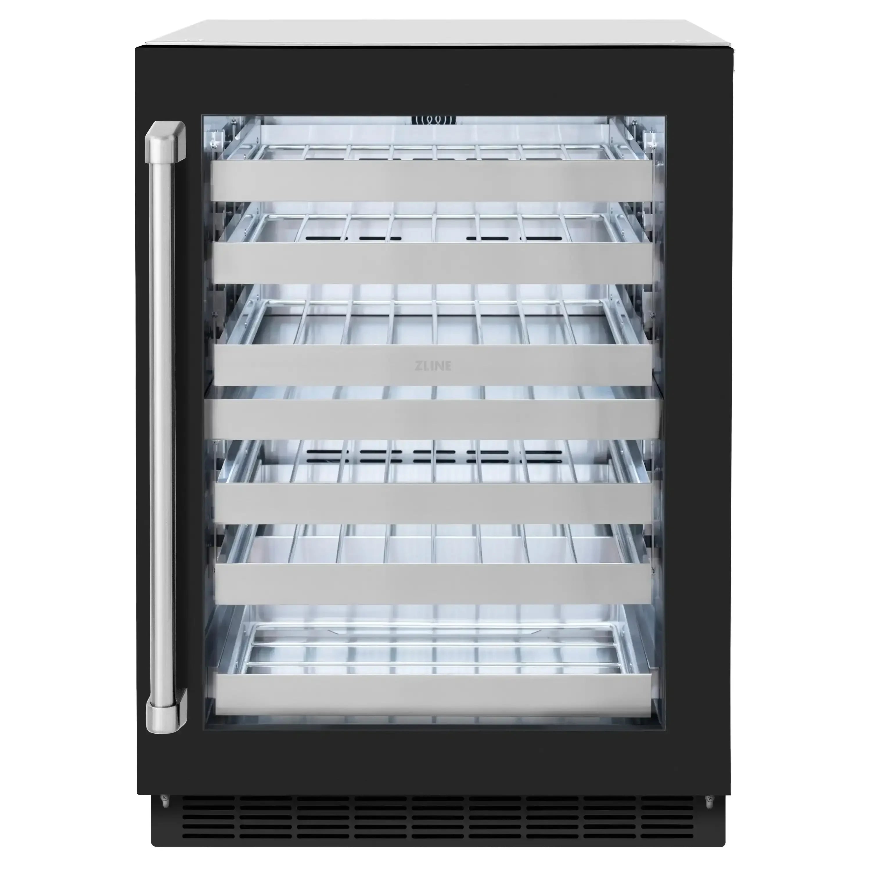 Black wine cooler with open door, showing chrome racks and multiple bottle shelves