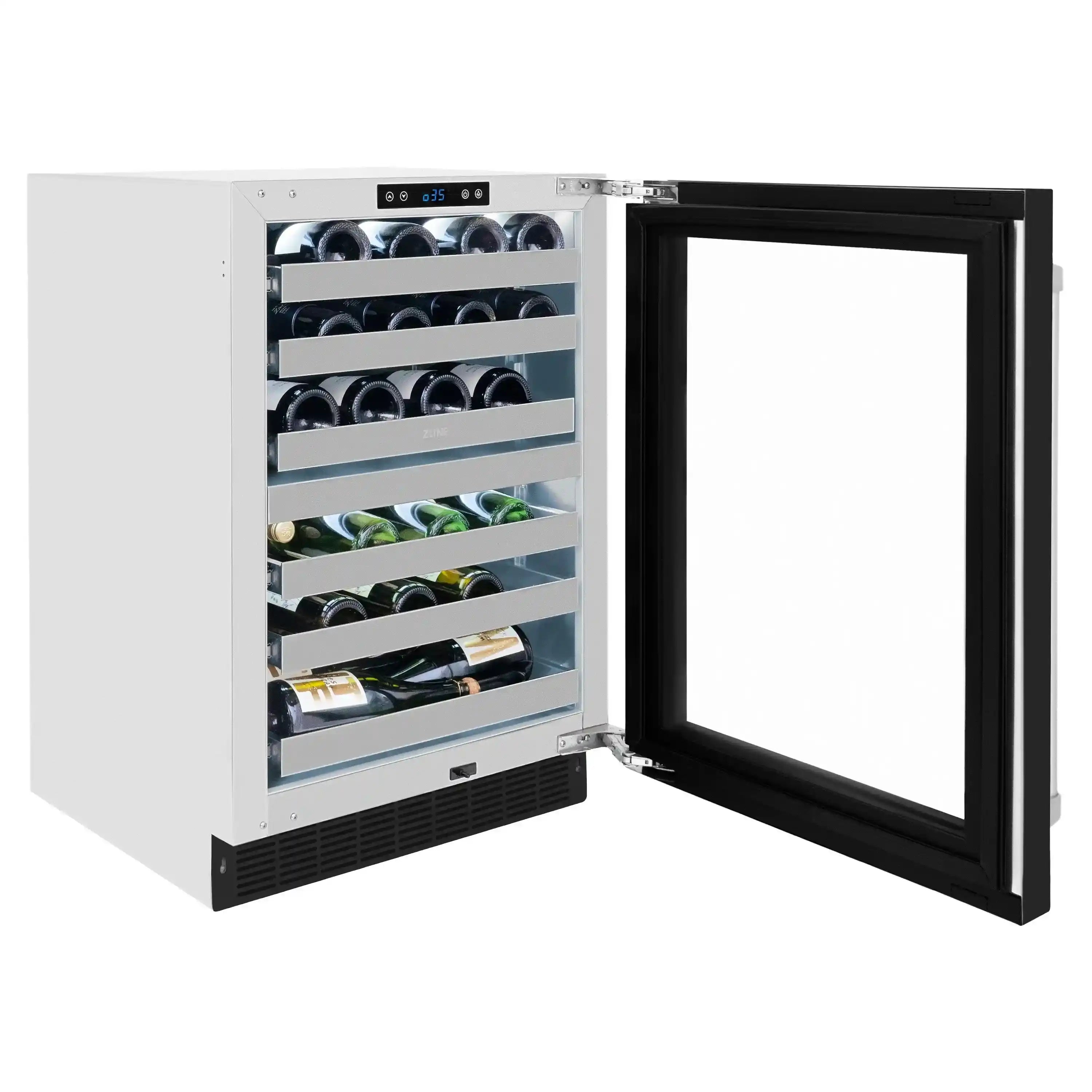 Wine cooler with black glass door open, white interior shelves for bottles and racks