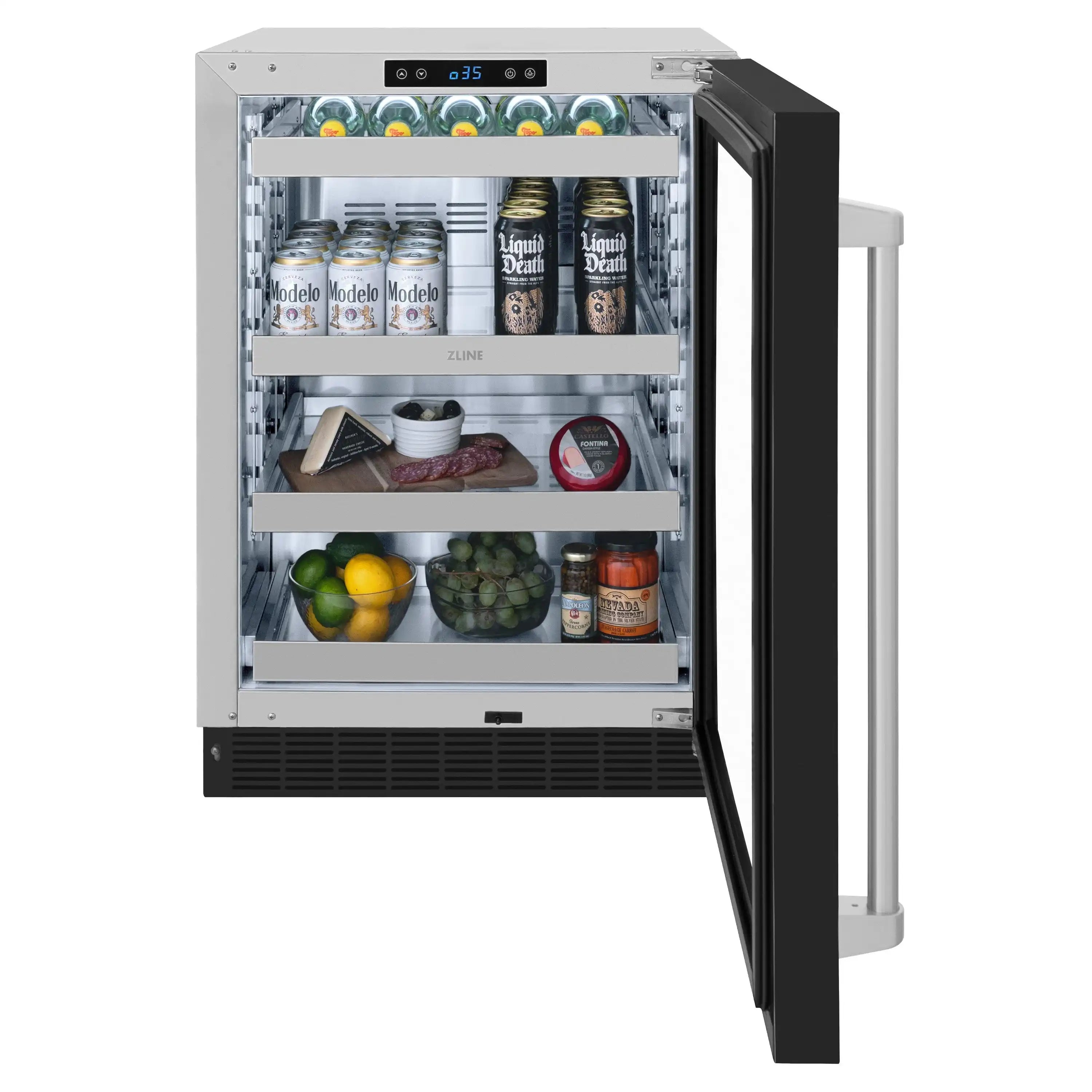 Open ZLINE beverage fridge with glass door, shelves, and beverage cans