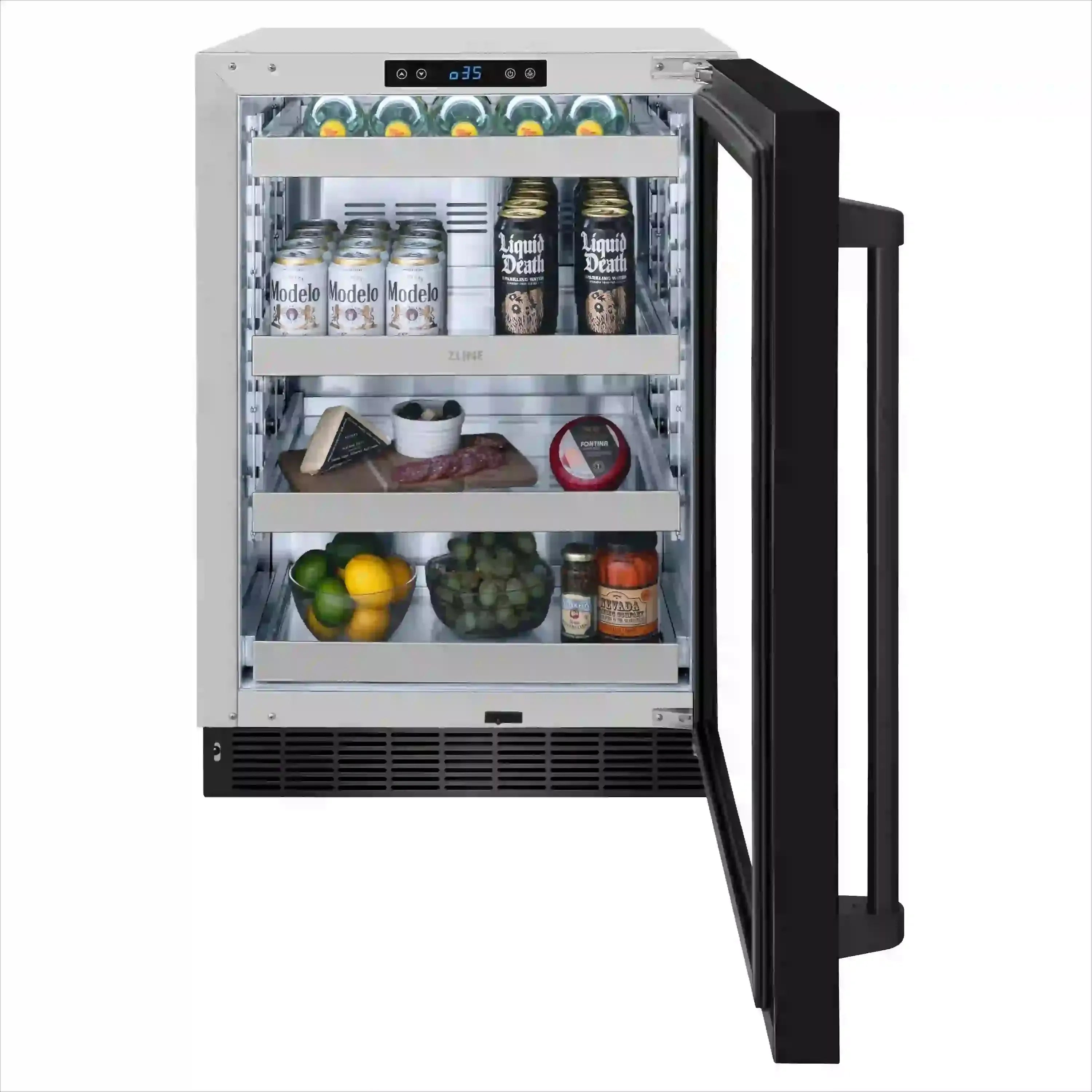 Glass-door beverage refrigerator stocked with drinks on pull-out shelves