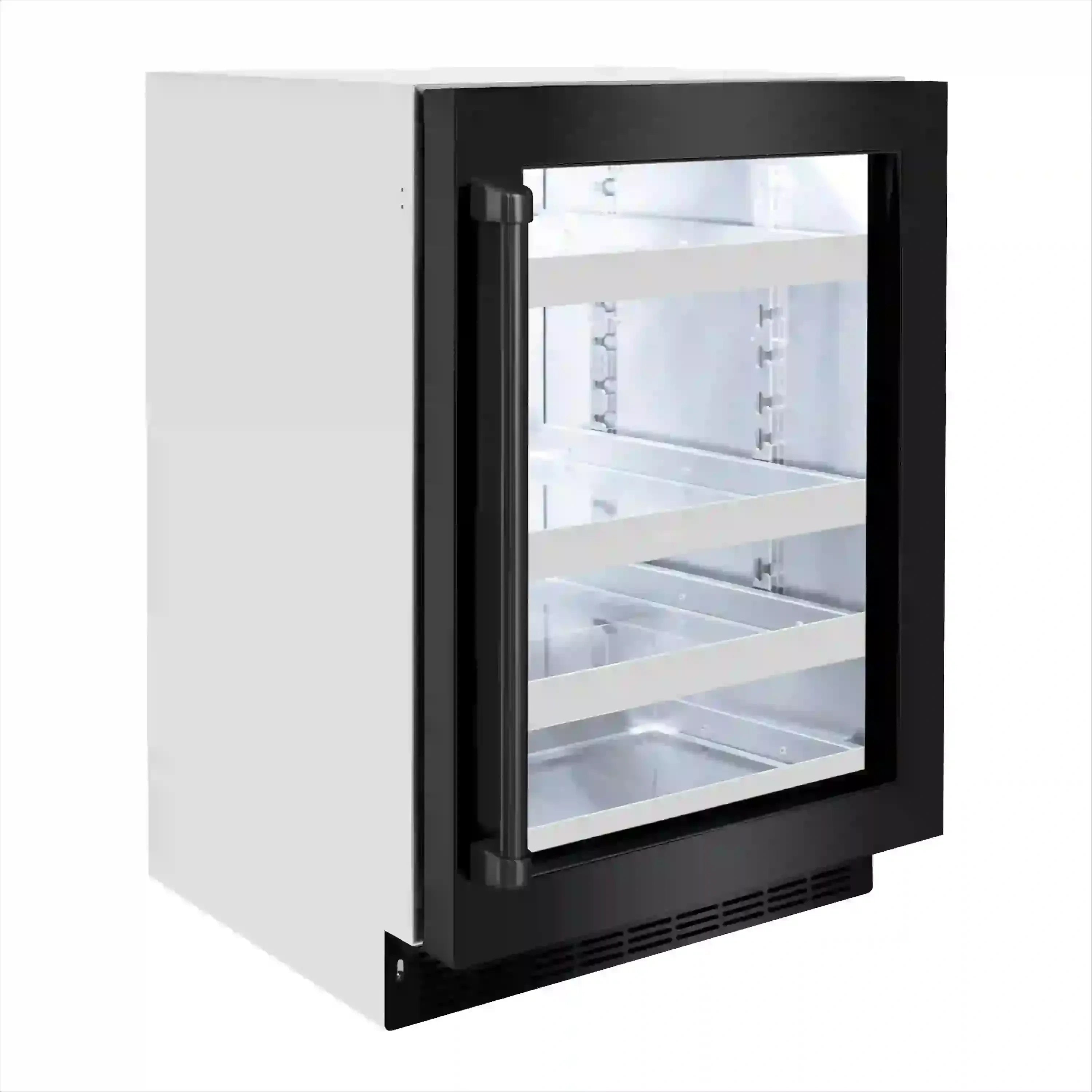 Black beverage fridge with framed glass door and side handle