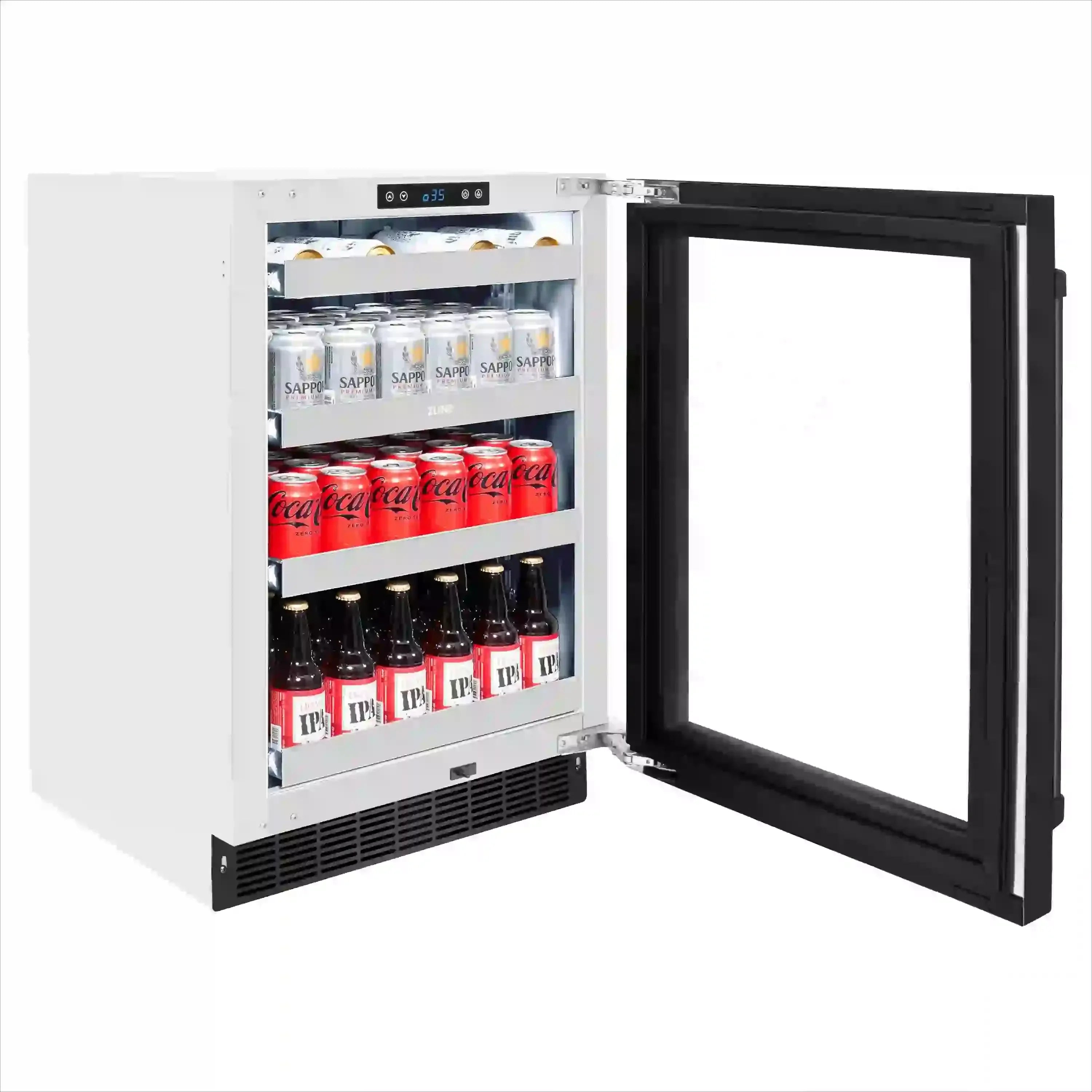 Built-in beverage refrigerator with open glass door and stocked shelves