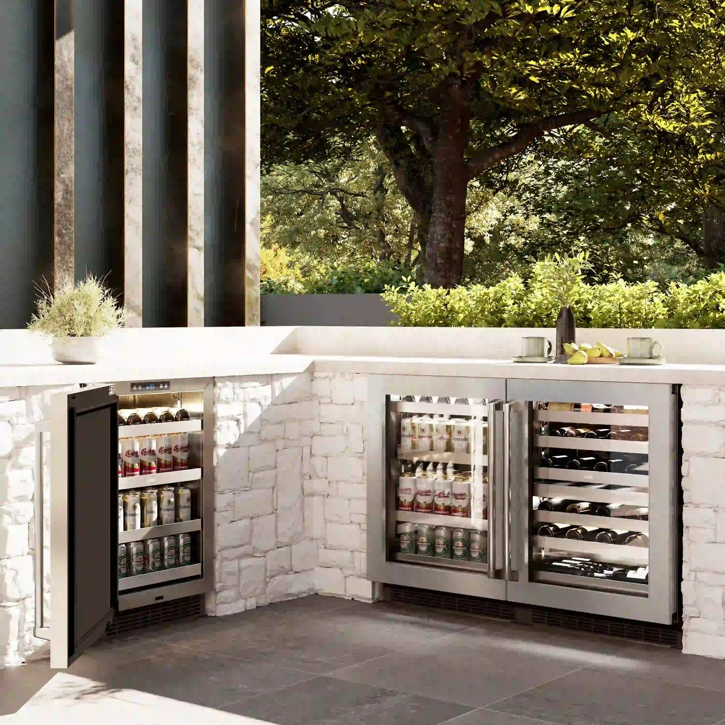 Stainless outdoor beverage fridge with two glass doors open, interior shelves and bottles
