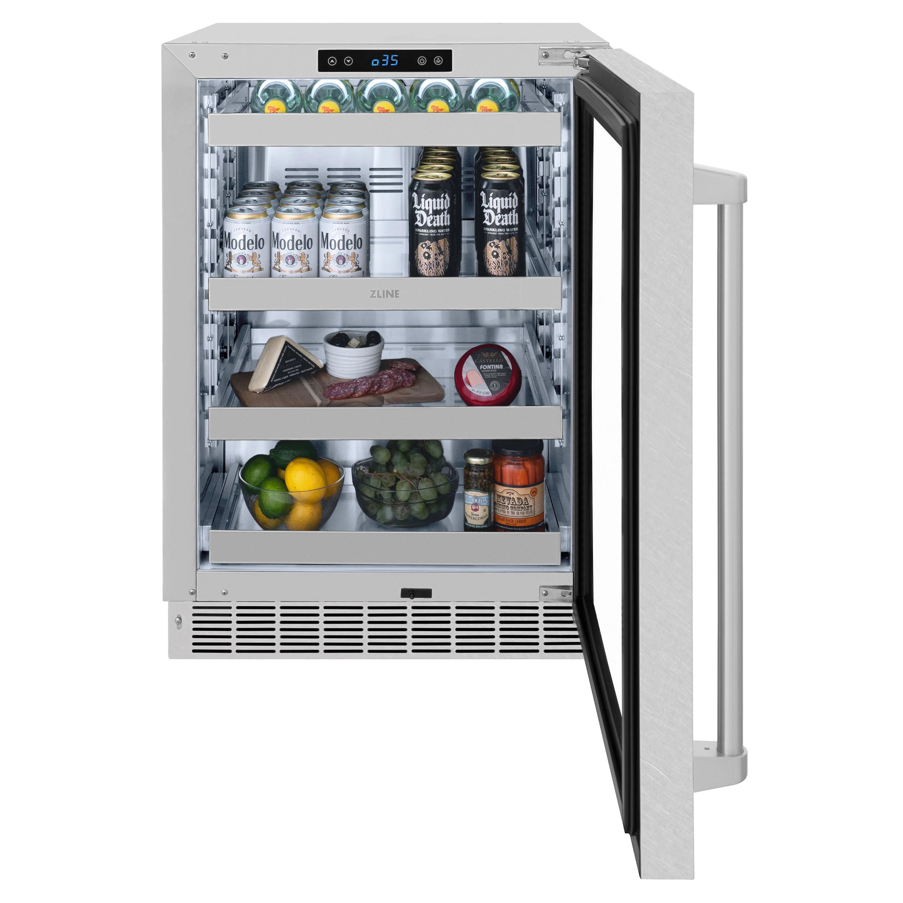 Stainless beverage fridge open with shelves holding drinks, fruits, and bottles