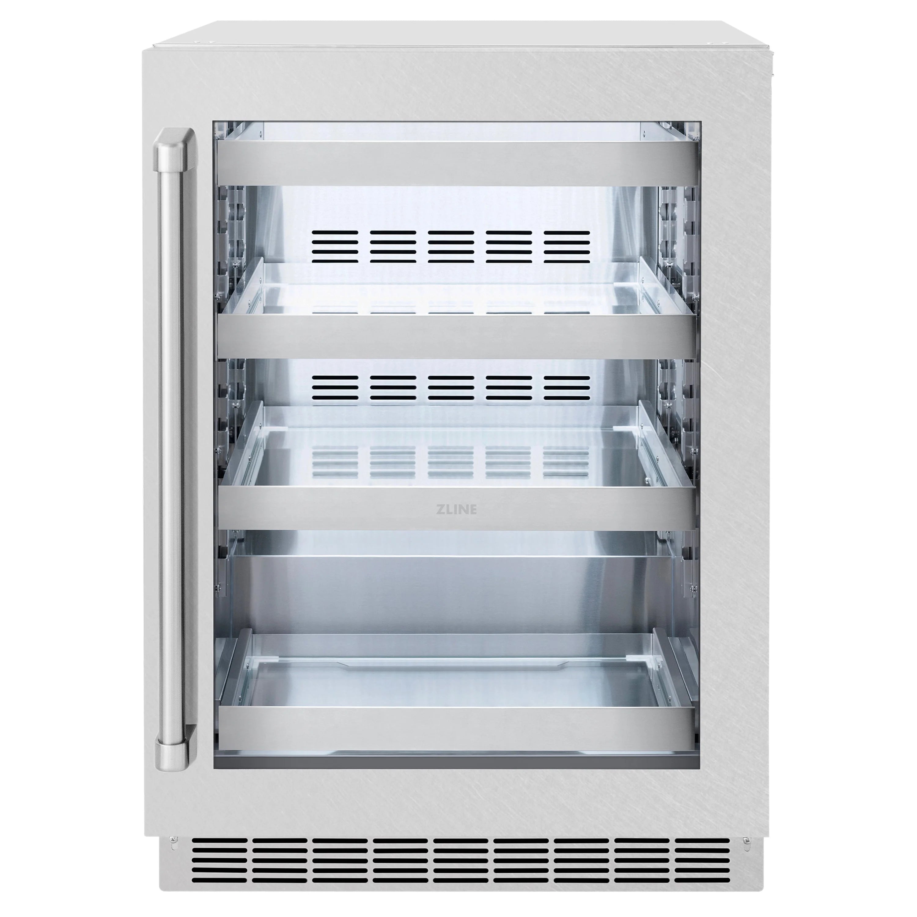 Stainless beverage fridge with glass door open, empty interior shelves