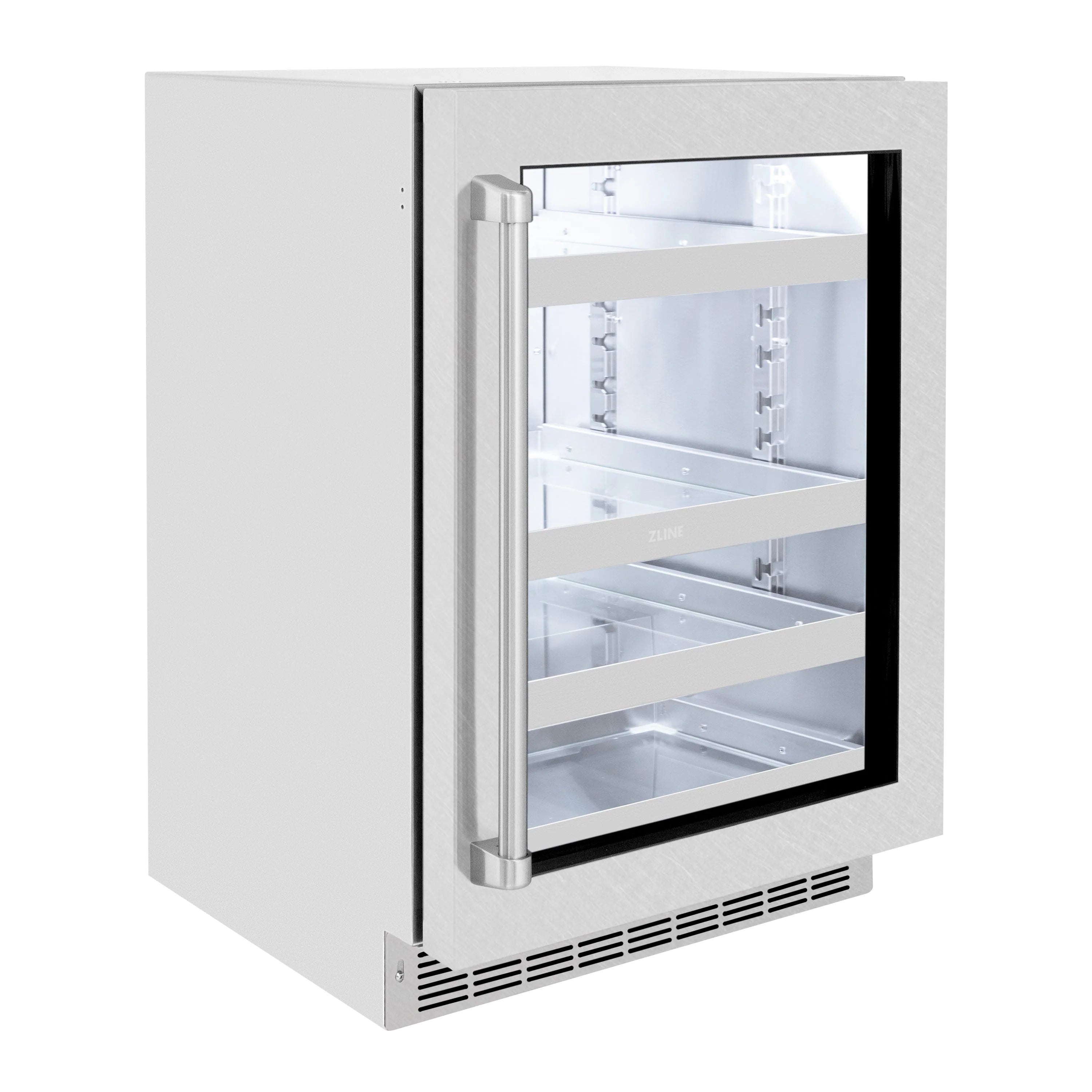 ZLINE beverage fridge with black-framed glass door closed and glass interior