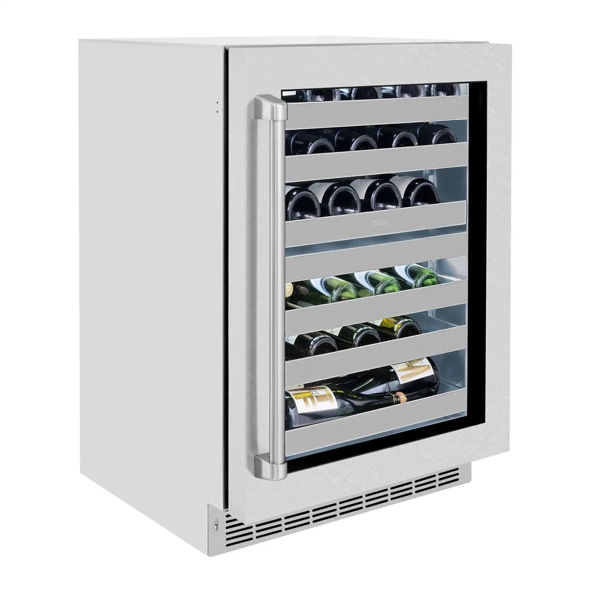 Stainless wine cooler with glass door and chrome handle, showing bottle storage racks