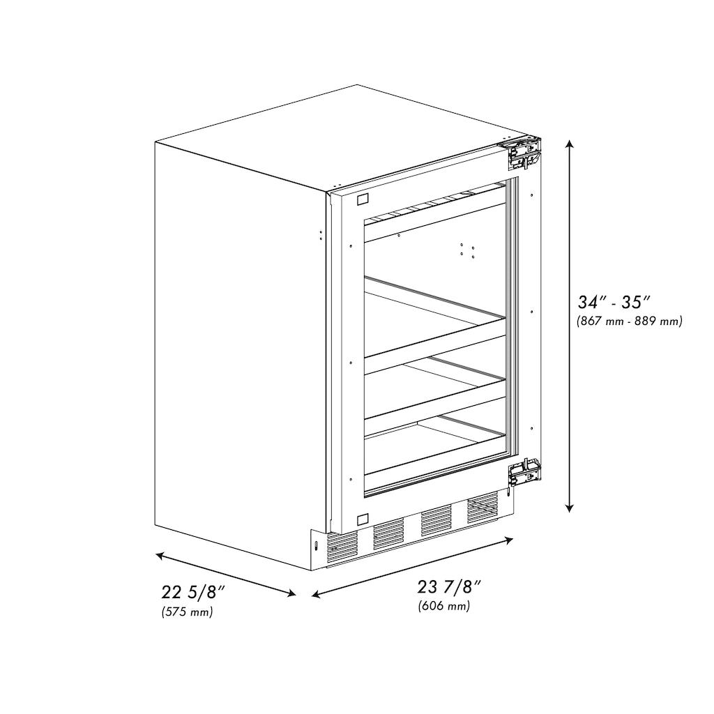 Beverage fridge dimensions diagram showing height 34–35 inches and width 22 5/8