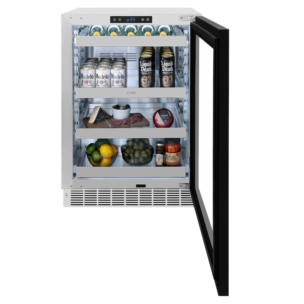 24-inch beverage fridge with open glass door, chrome racks and can storage shelves