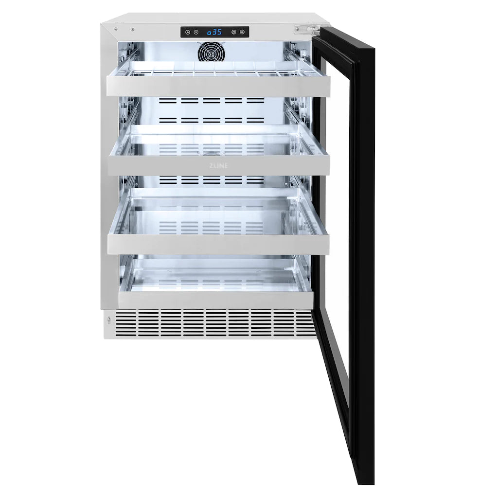 Open beverage fridge door with empty stainless shelves and ventilation slots