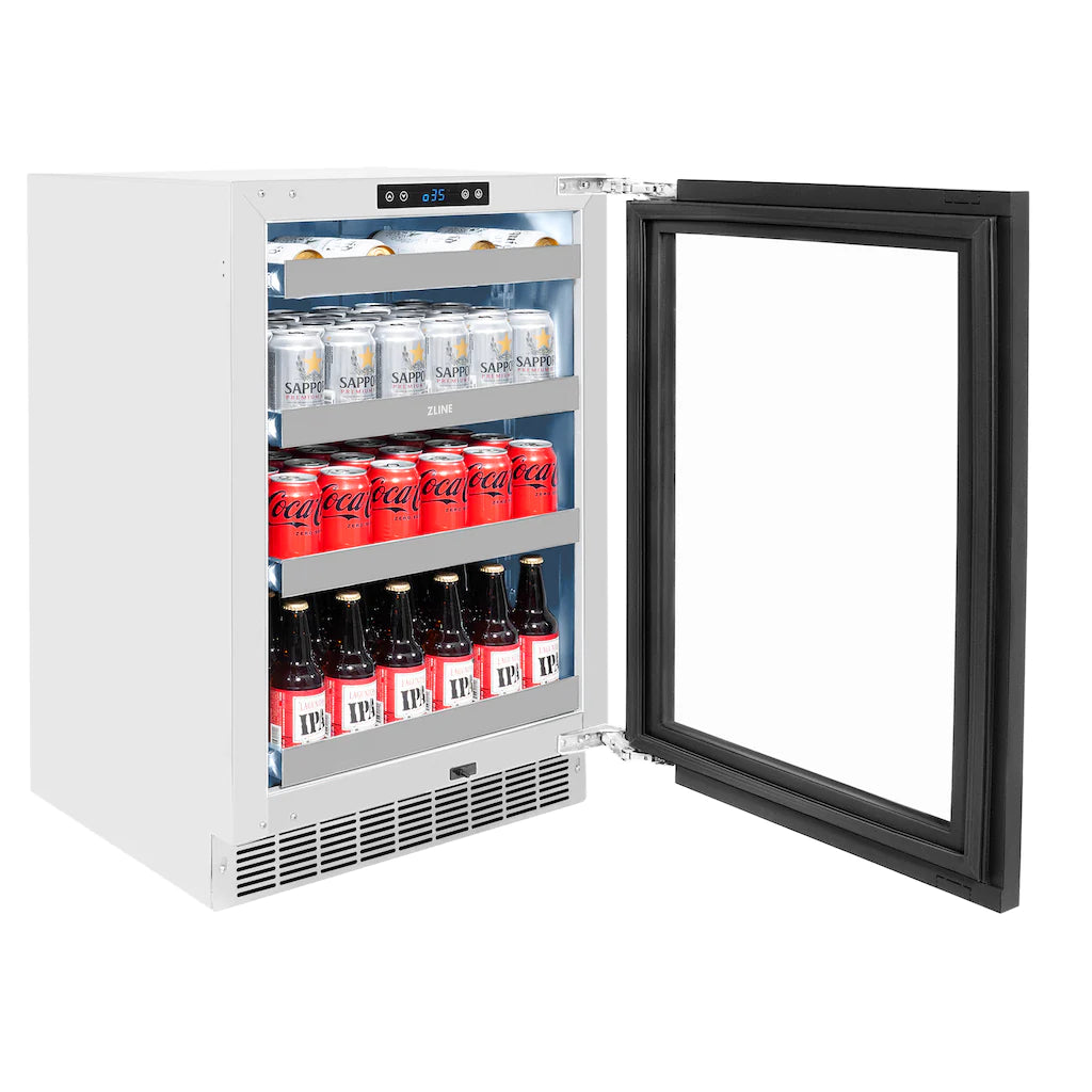 24-inch beverage fridge with open glass door, stocked with bottles and cans