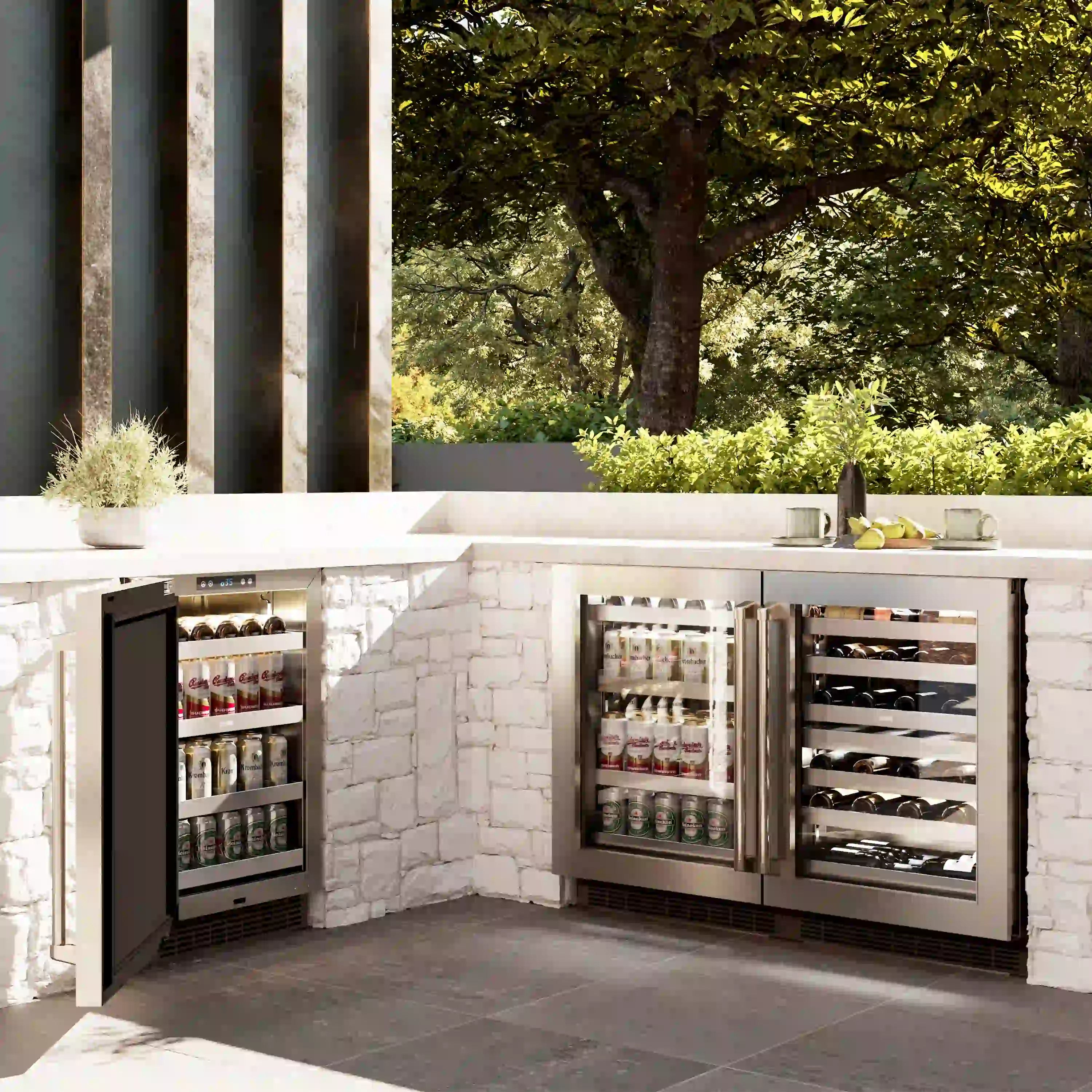 Outdoor built-in beverage fridge with glass doors open, shelves with drink cans