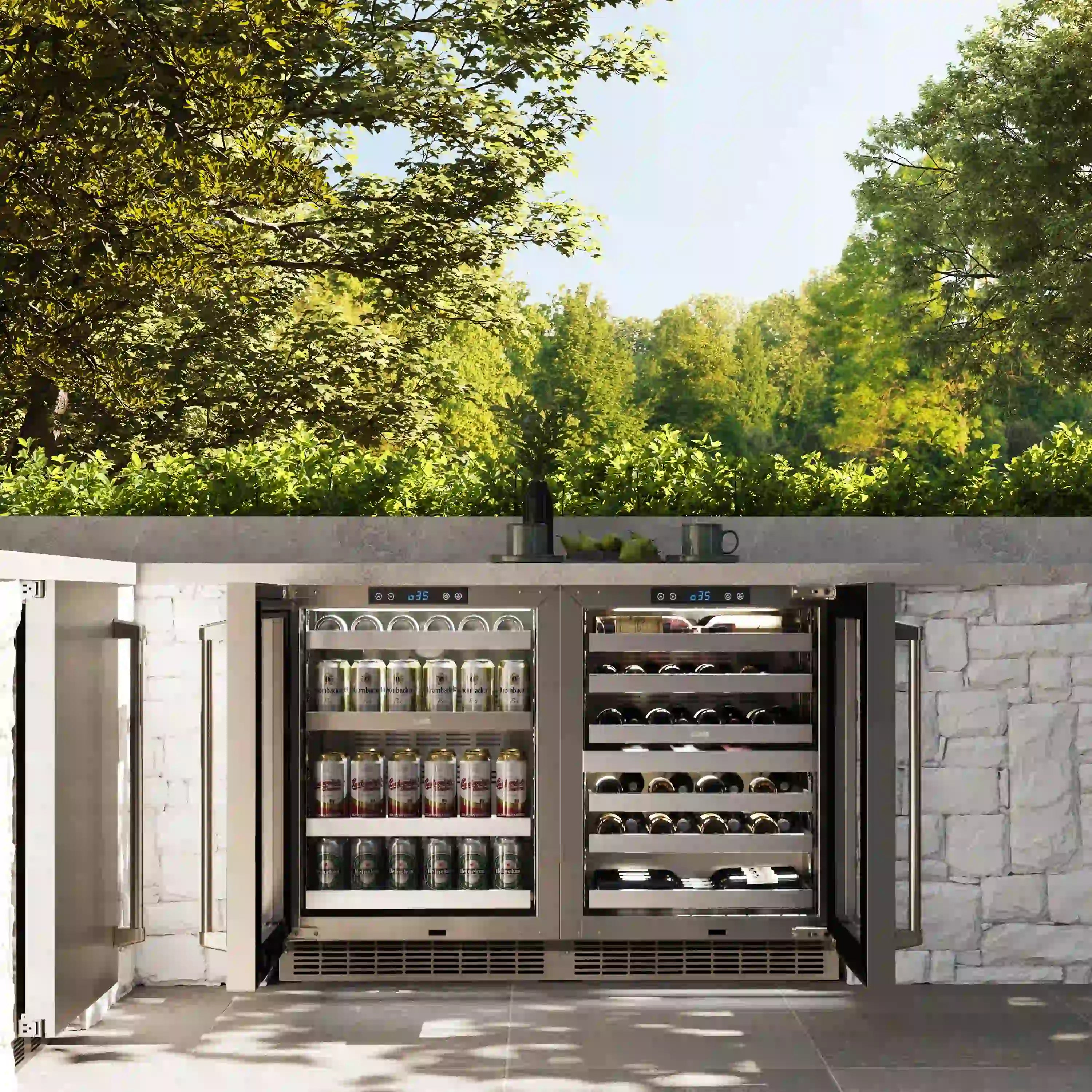 Outdoor stainless beverage fridge with glass doors, interior display of drinks