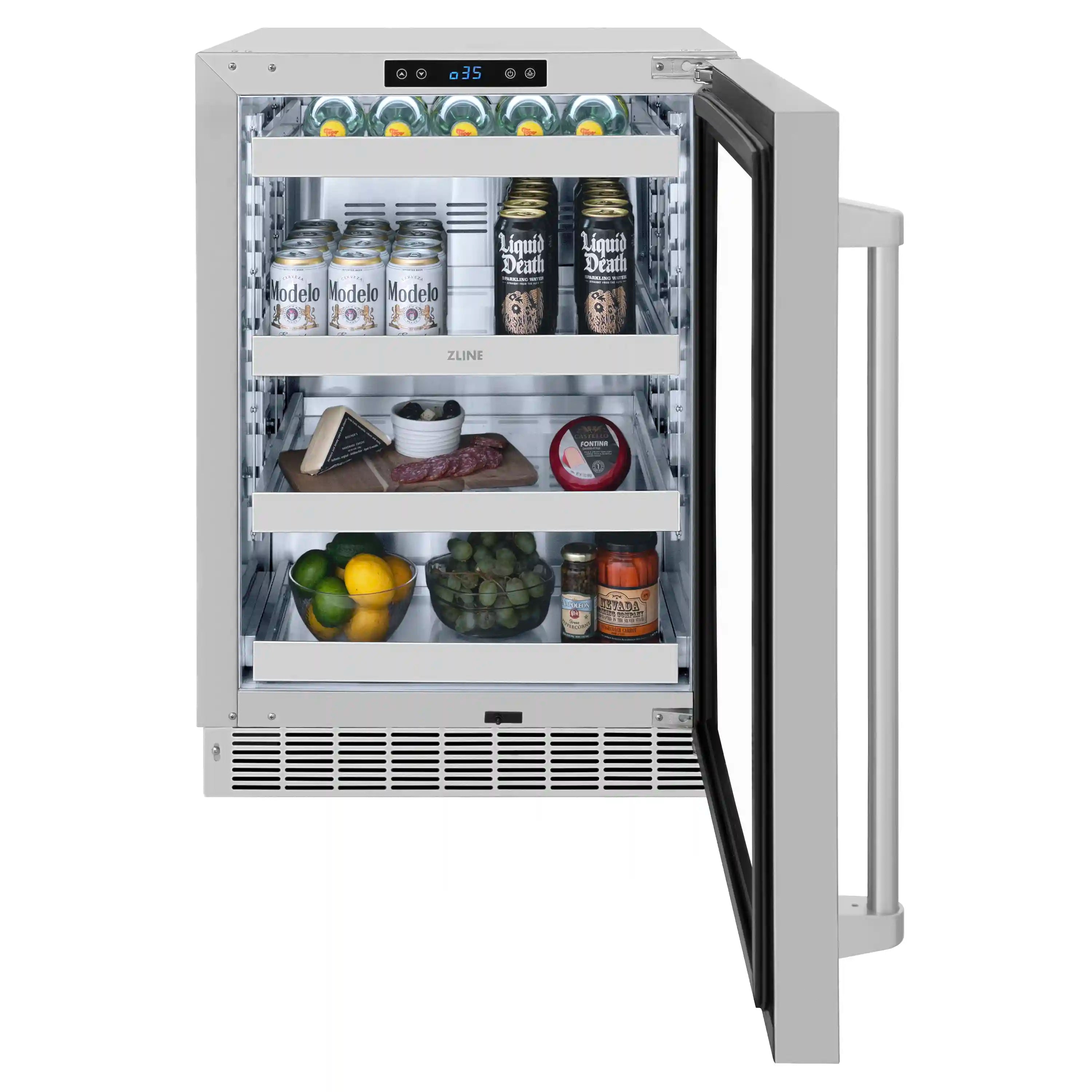 Built-in beverage fridge with glass door, interior stocked with bottles and cans