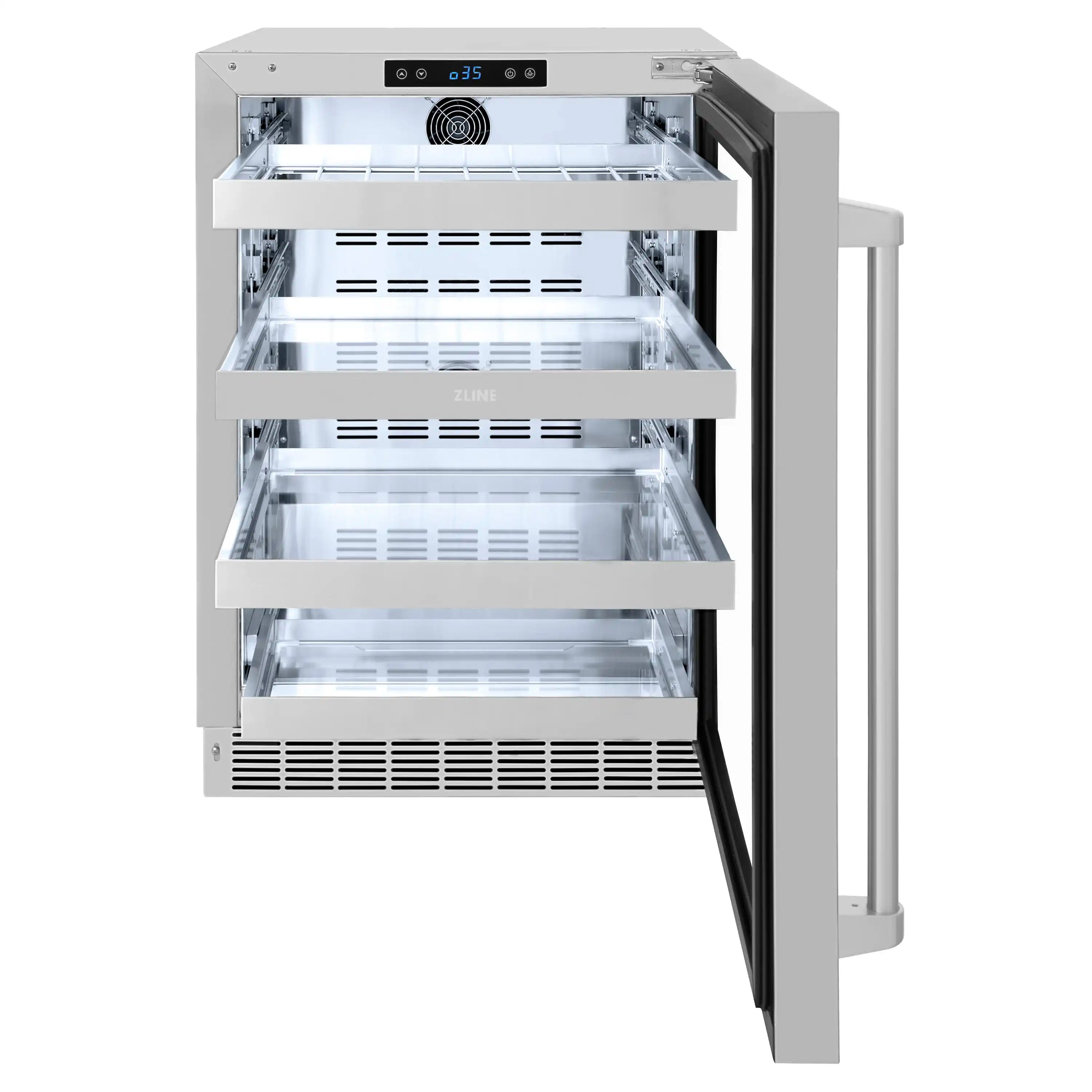 Built-in beverage fridge interior with multiple wire shelves, door open