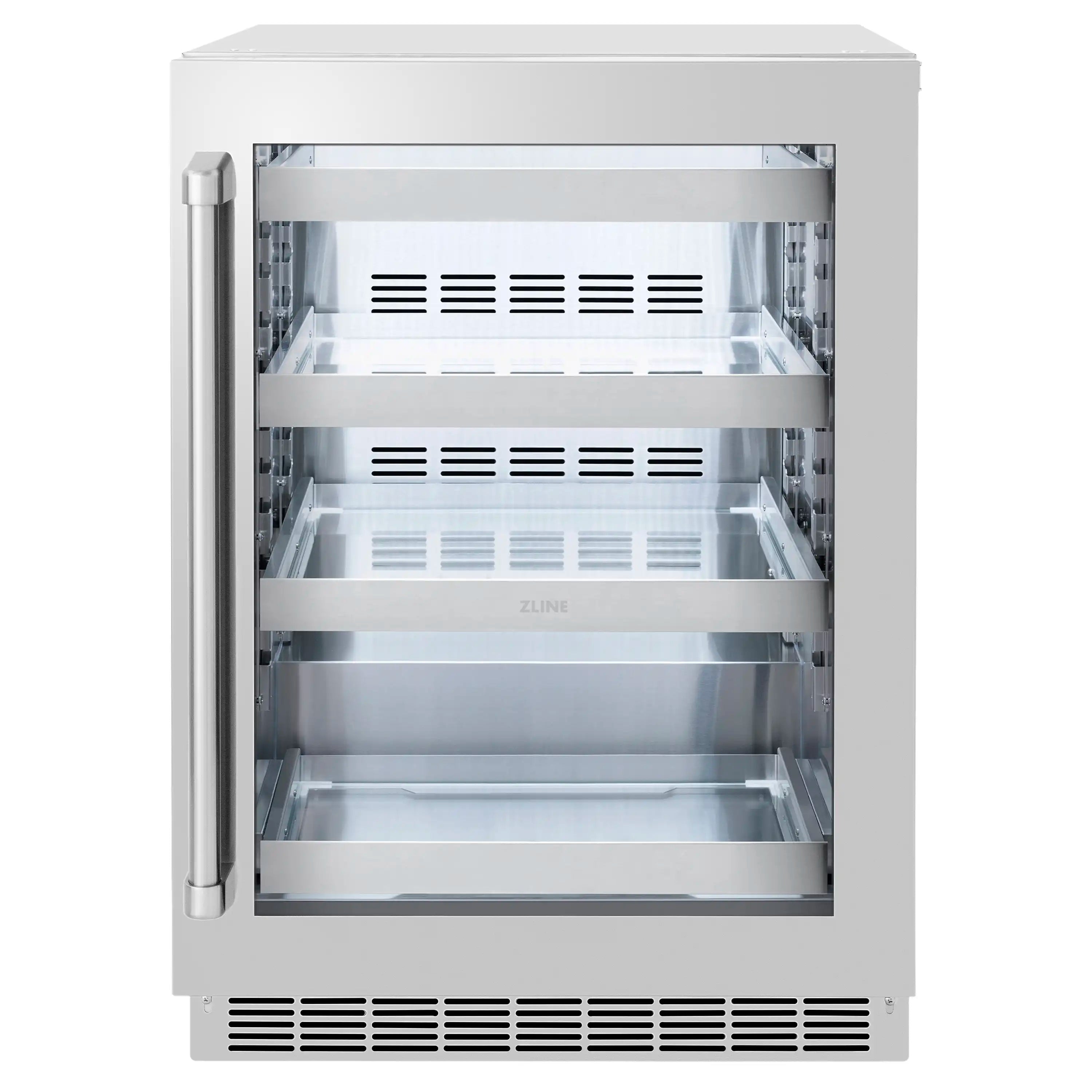 Refrigerator interior with stainless shelves and vents, glass-door open