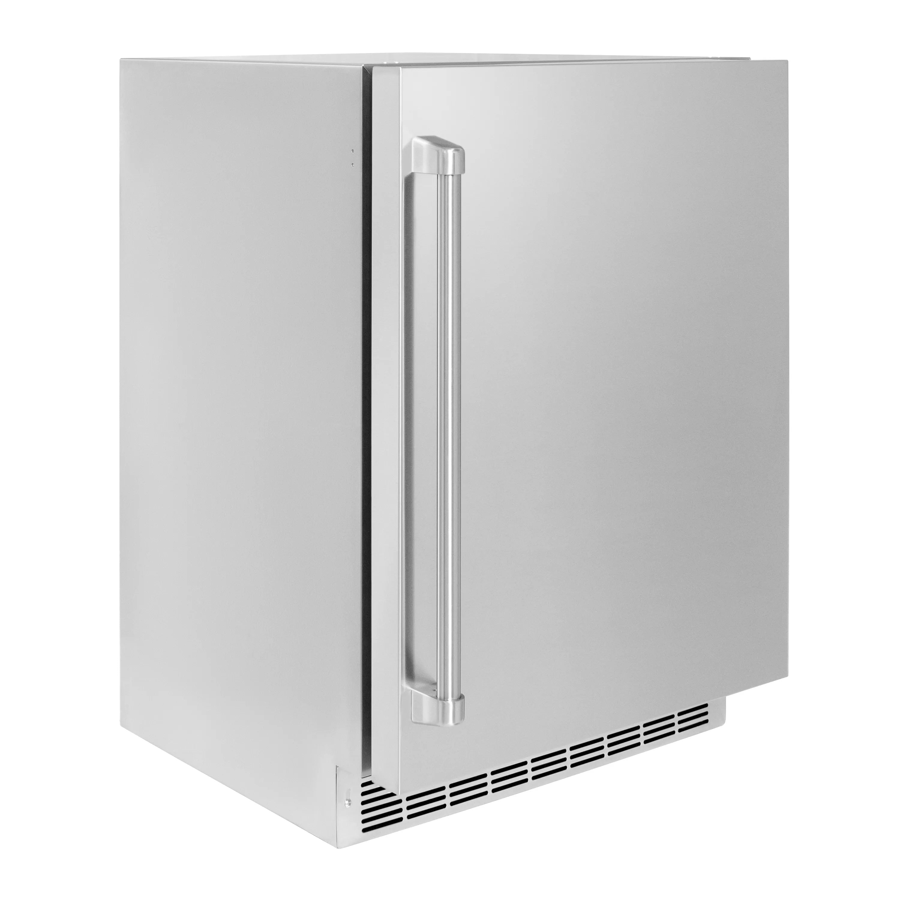 White beverage fridge with vertical stainless handle and front bottom vent grilles