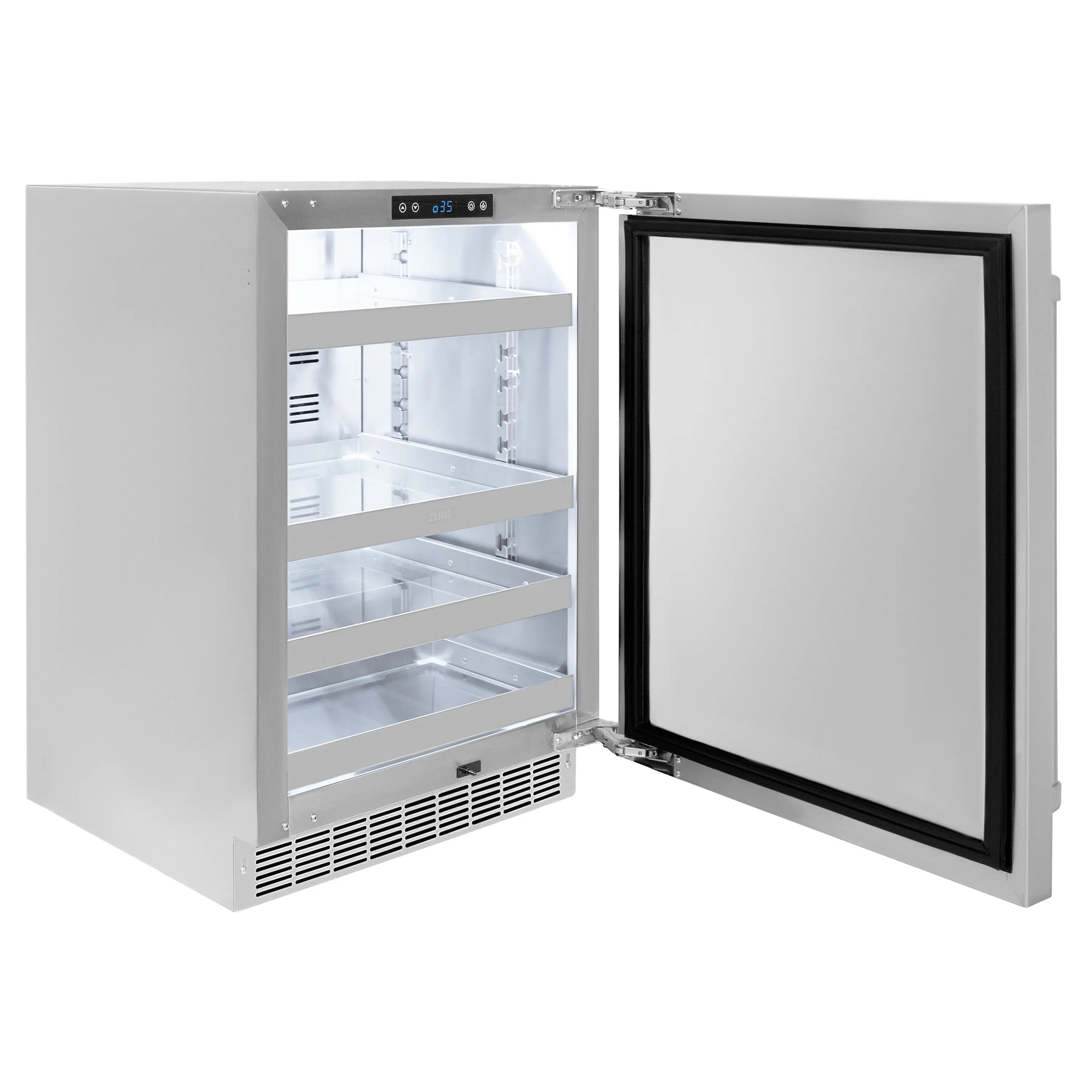 Stainless beverage fridge with open door and empty glass-shelf interior