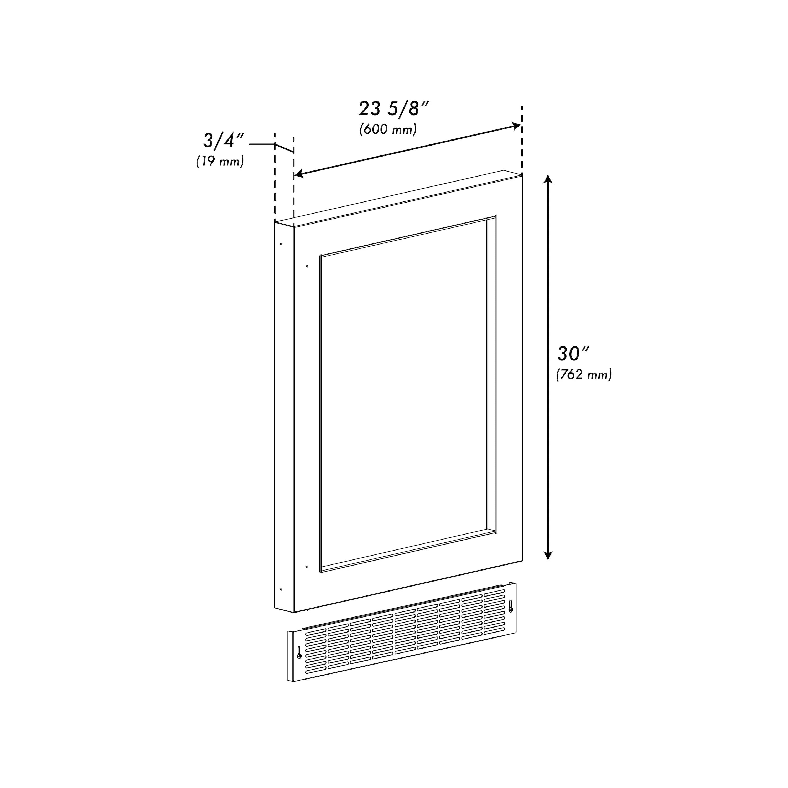 ZLINE undercounter refrigeration door with vent grille and dimensioned outline