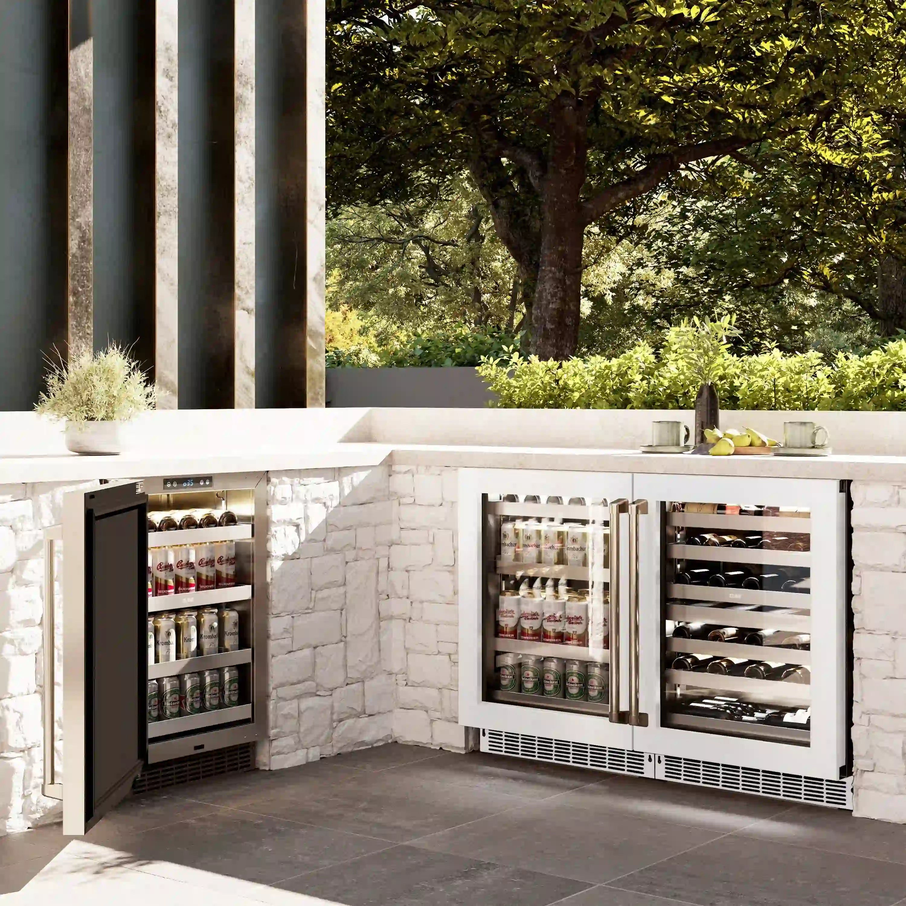 Built-in ZLINE beverage fridge with two doors open, shelves holding bottles and cans