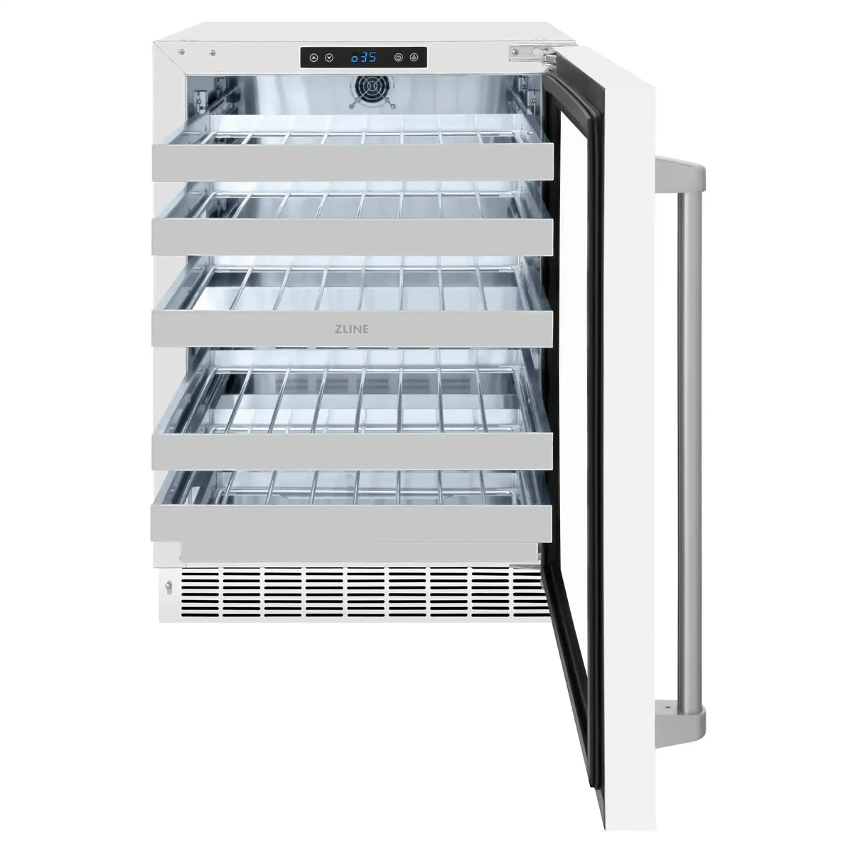 White wine cooler with open door and multiple metal shelves inside