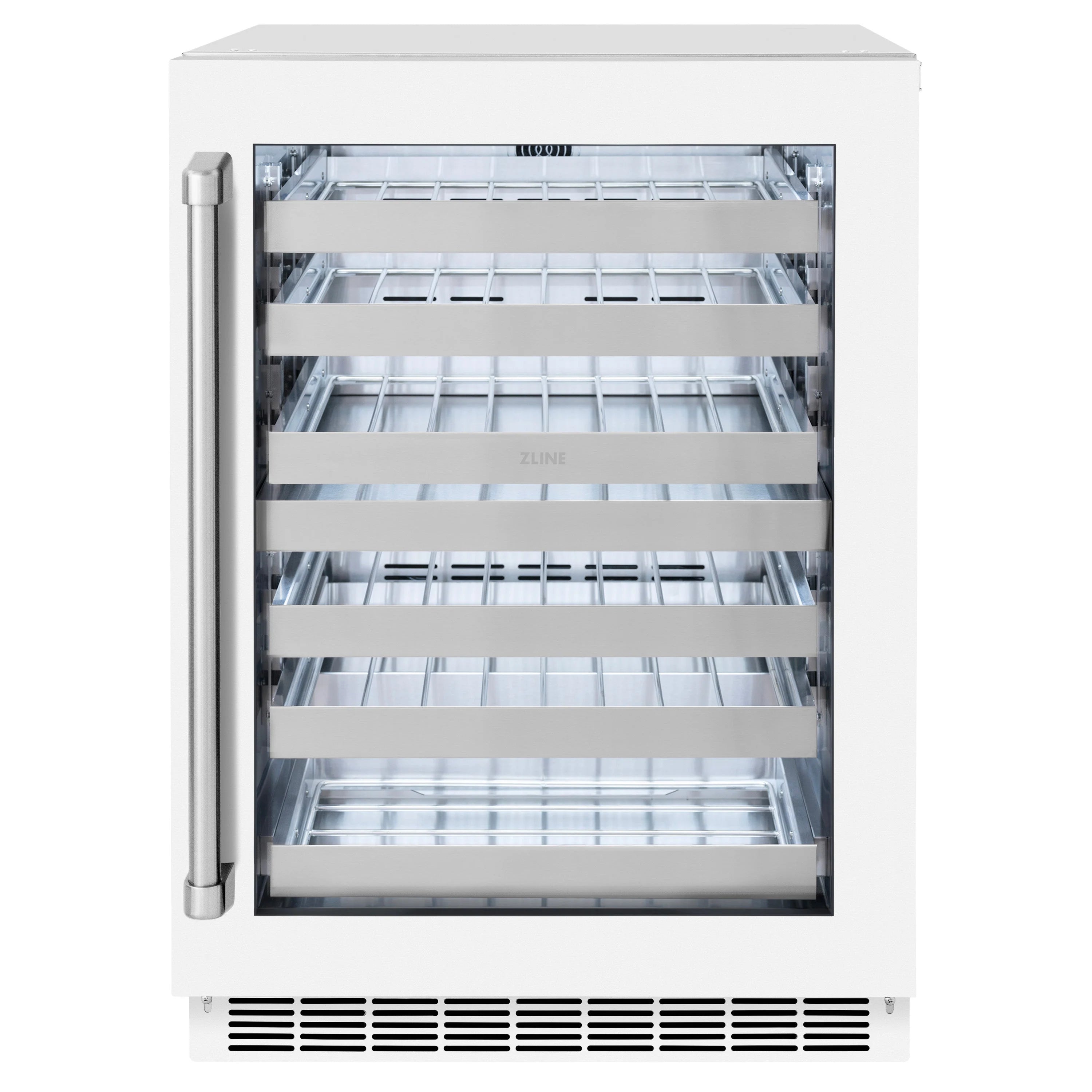 White wine cooler with glass front and interior metal shelves
