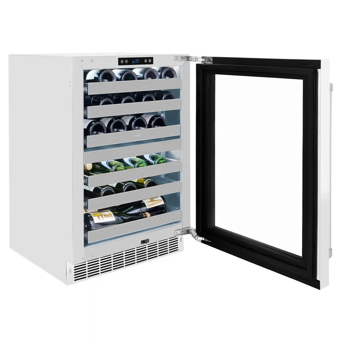 White wine cooler with hinged door open, showing bottle racks and black door frame