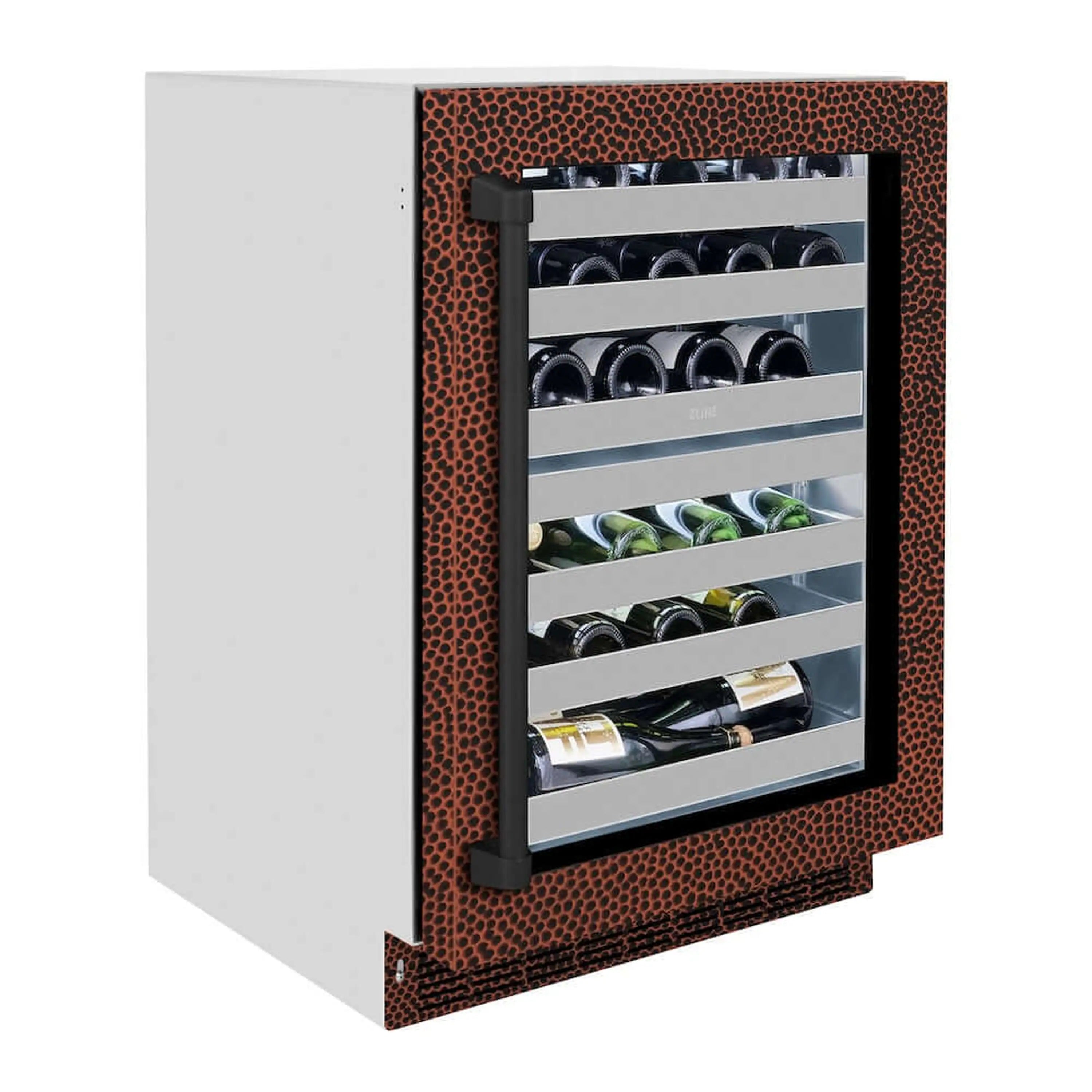 Wine cooler with dark glass door showing wine bottles on metal shelves