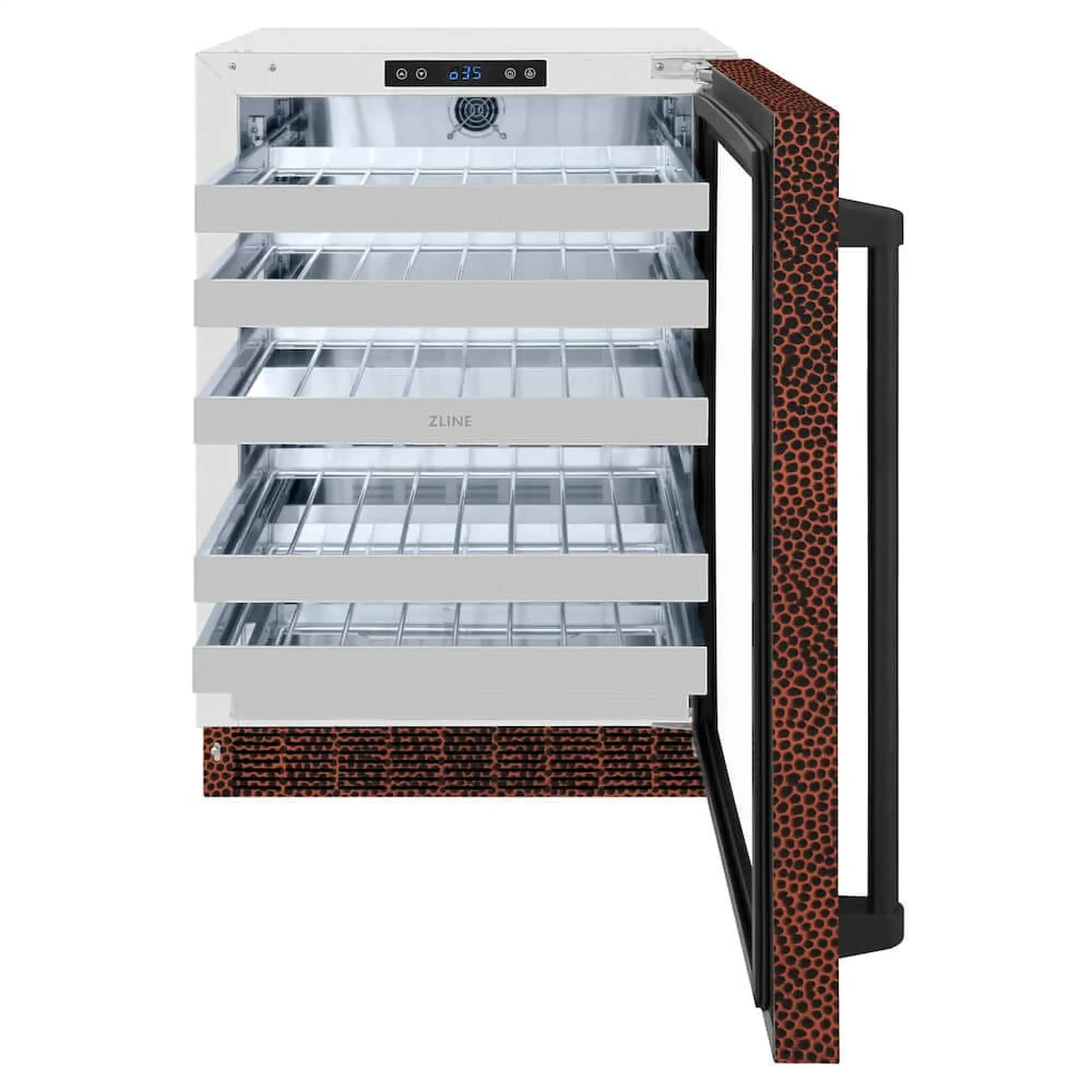 Wine cooler with open door and hand-hammered copper glass door surround