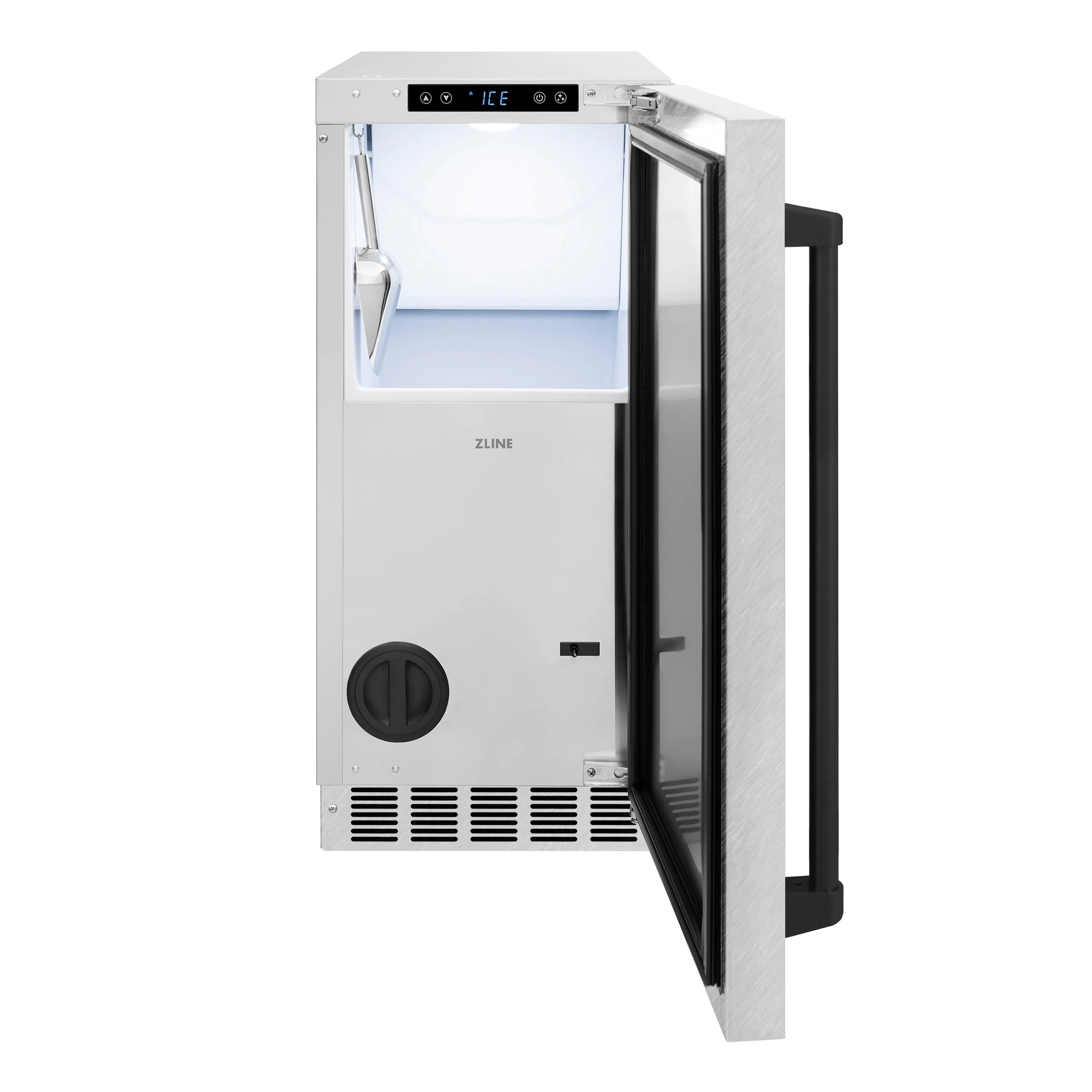 15-inch ice maker with open door, satin stainless body and matte black handle