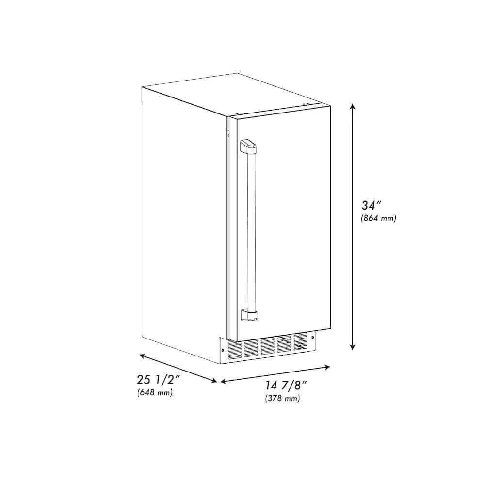 15-inch ice maker dimensions diagram, height 34 in and width measurements shown