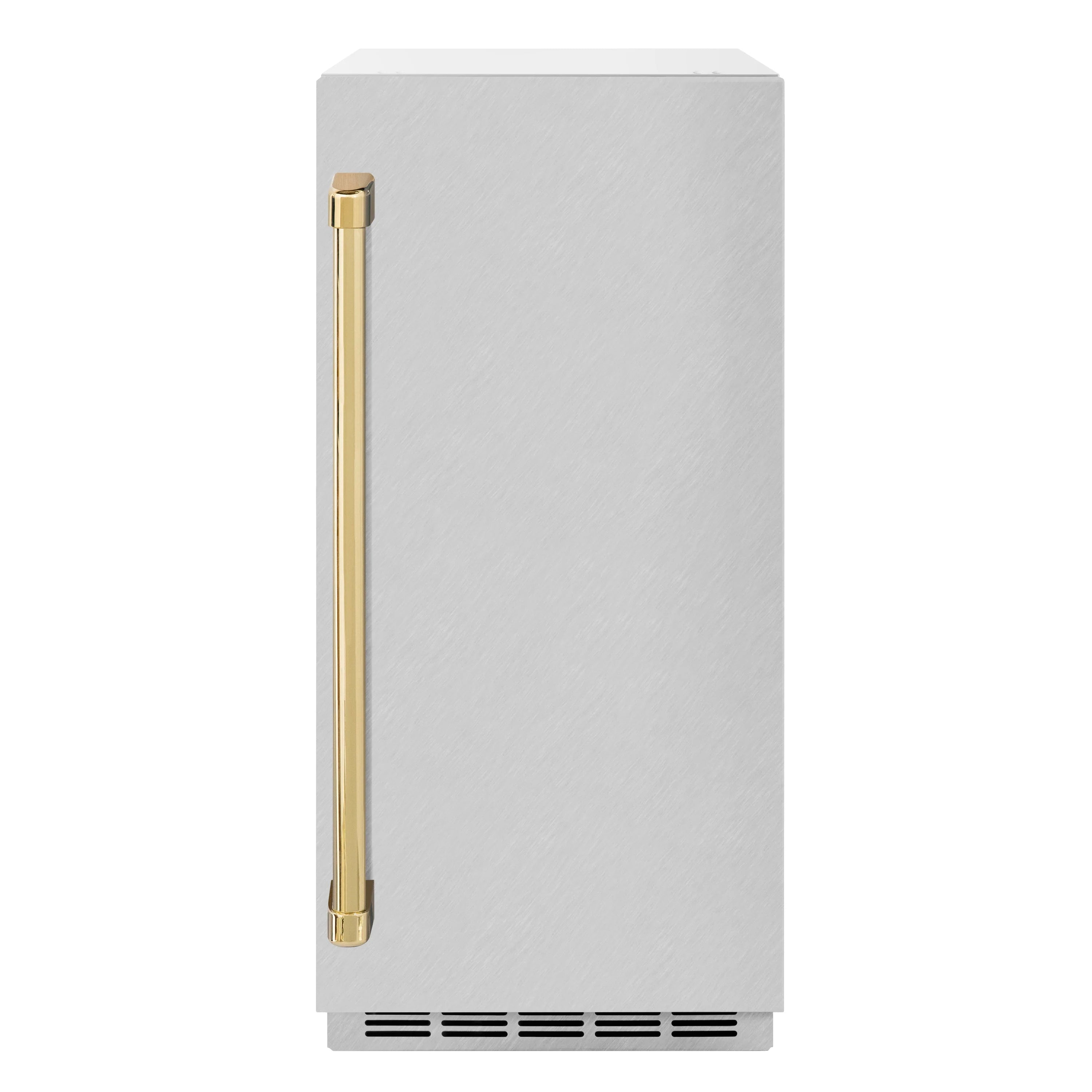 Stainless steel ice maker door with tall gold handle and bottom vents