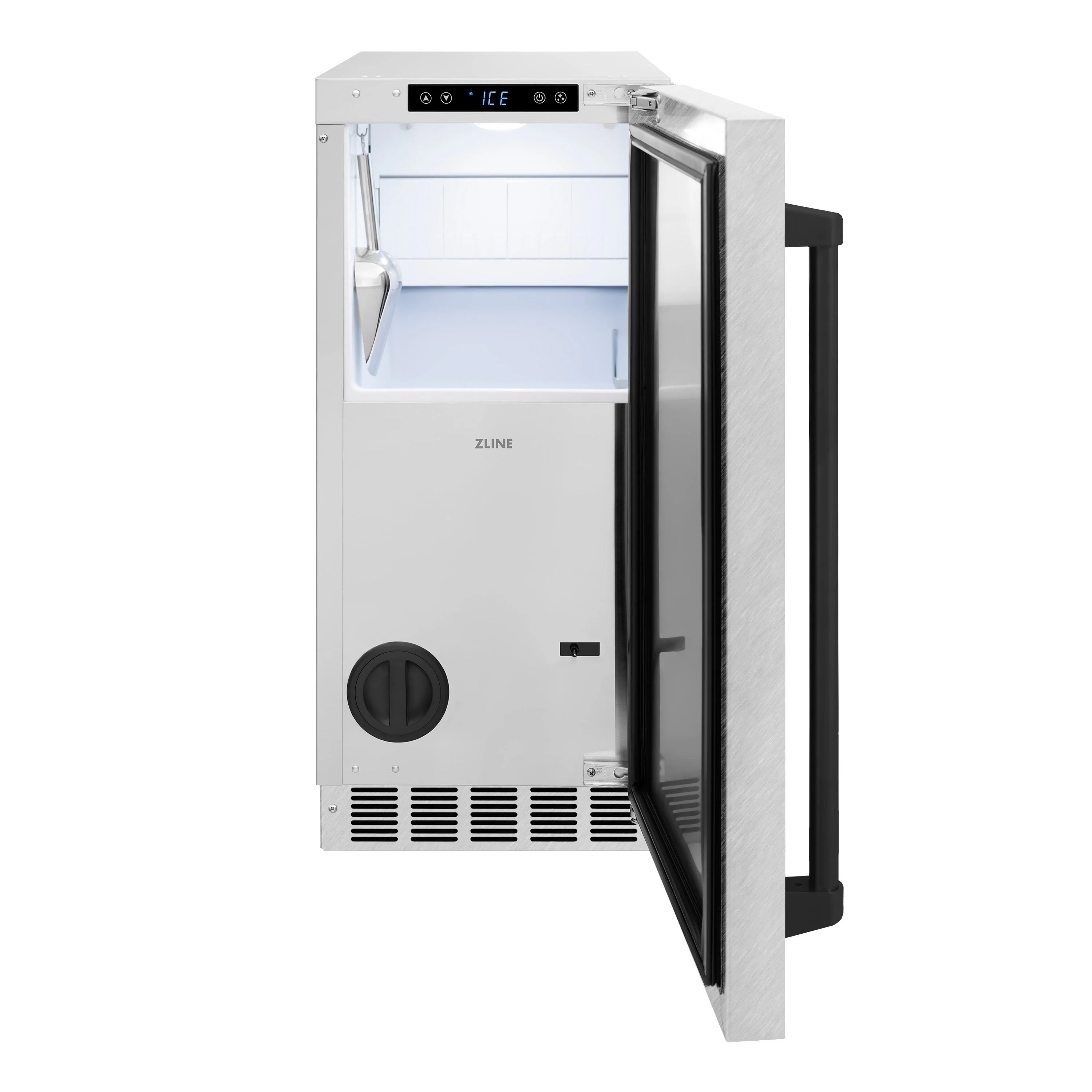 ZLINE ice maker with open door and matte black handle on stainless steel body