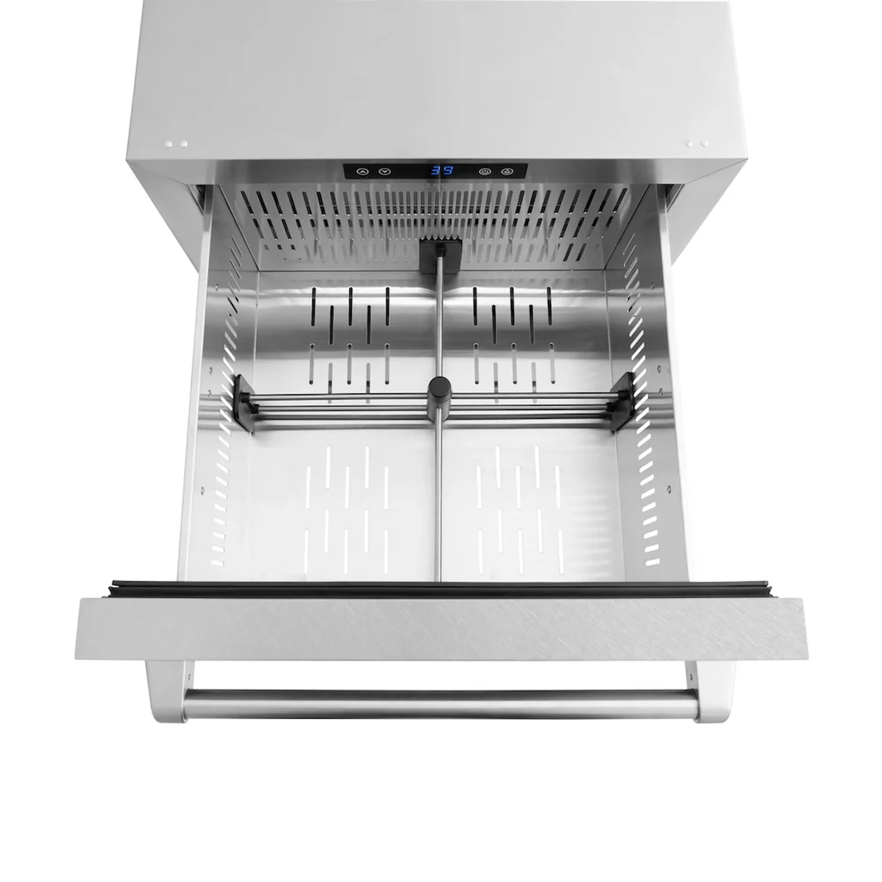 Refrigerator drawer unit open, showing vented interior walls and two sliding rails