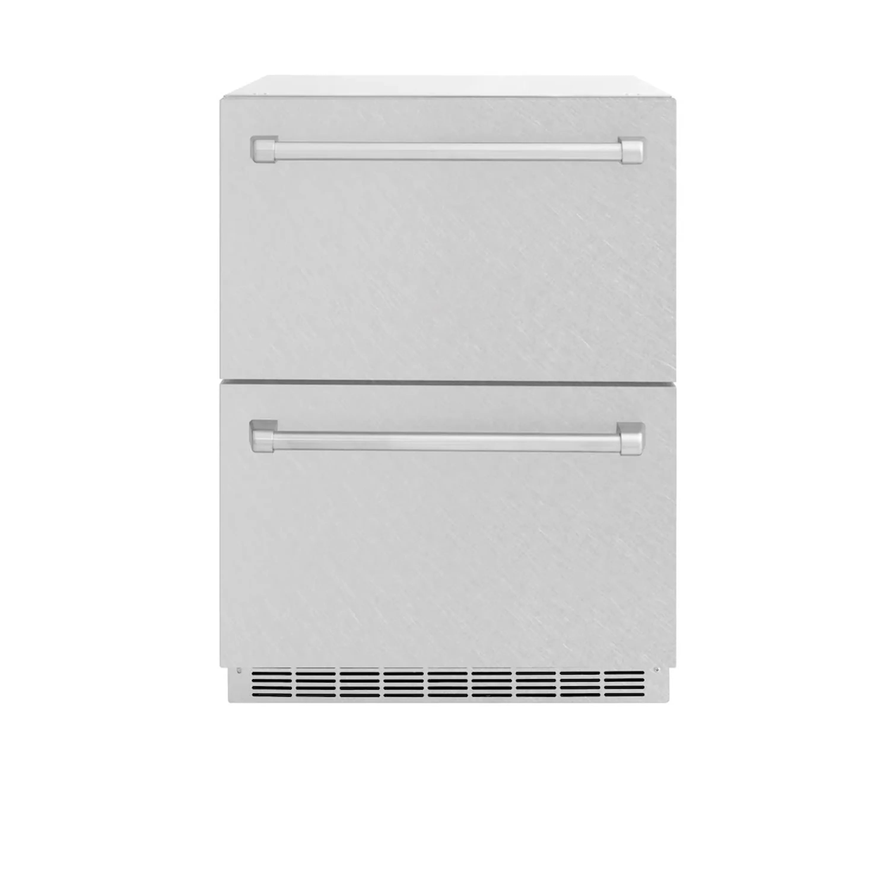 Compact refrigerator drawer cabinet with satin stainless steel doors, handles, and vent base
