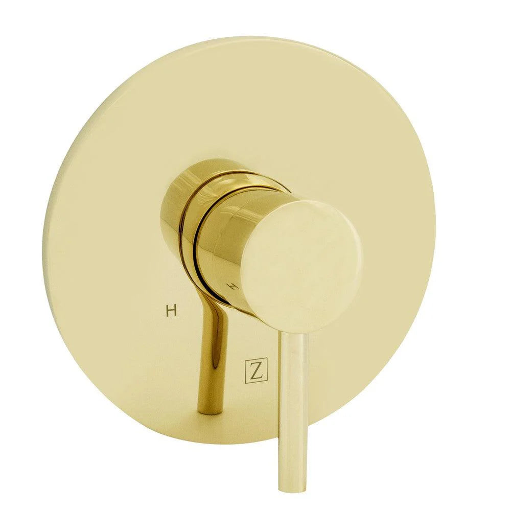 Gold single-lever shower valve trim with round handle and escutcheon