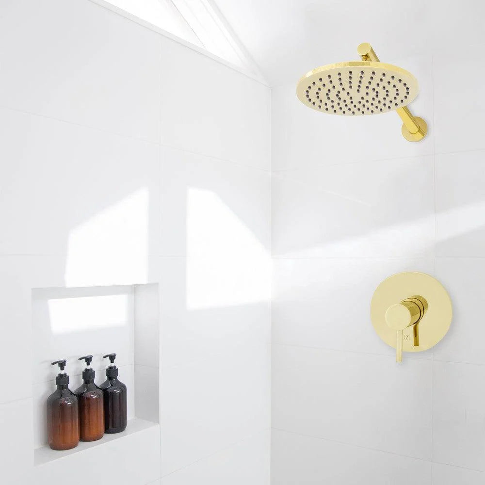 Polished gold shower set with ceiling rain showerhead and wall control