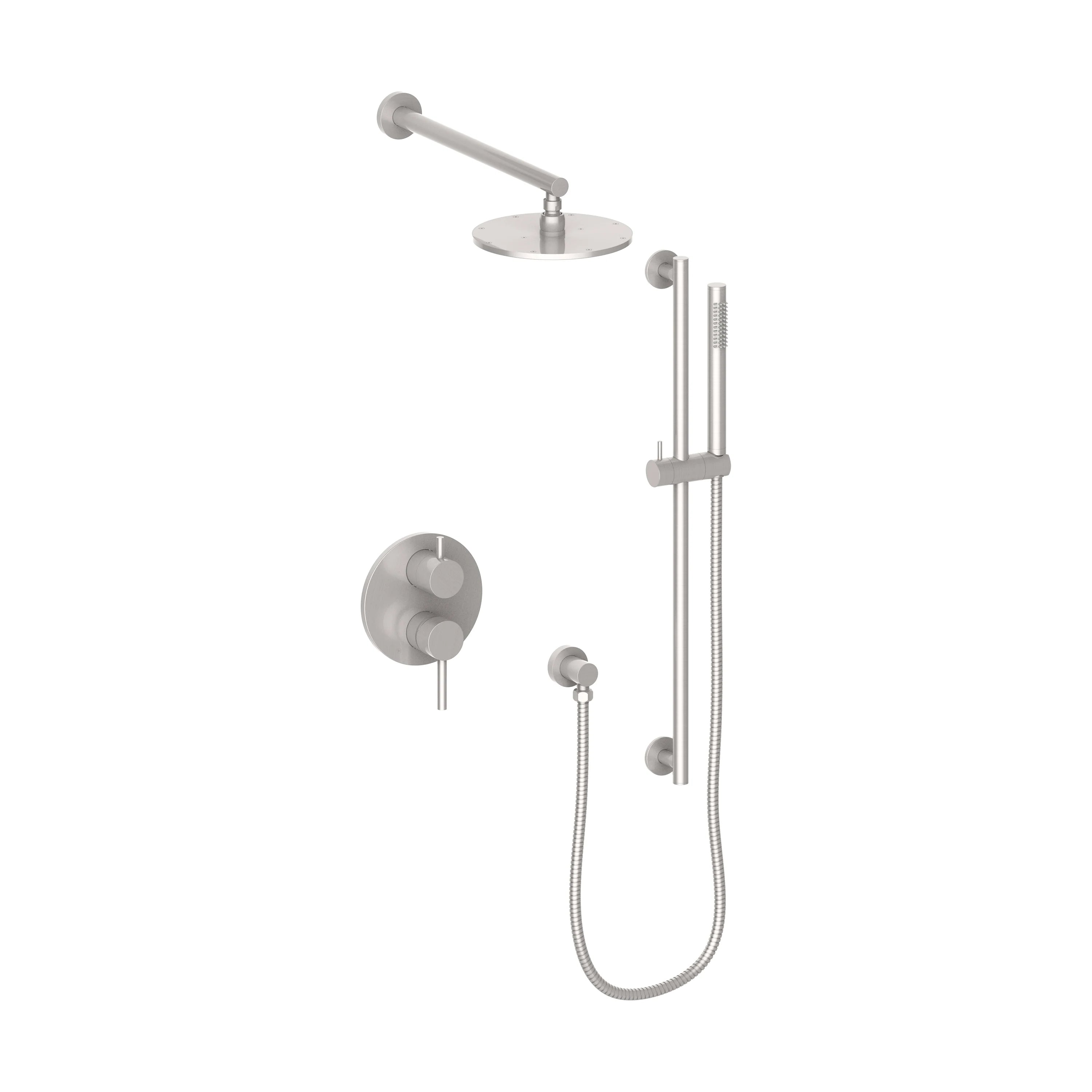 Brushed nickel shower faucet set with overhead shower, handheld unit, and hose