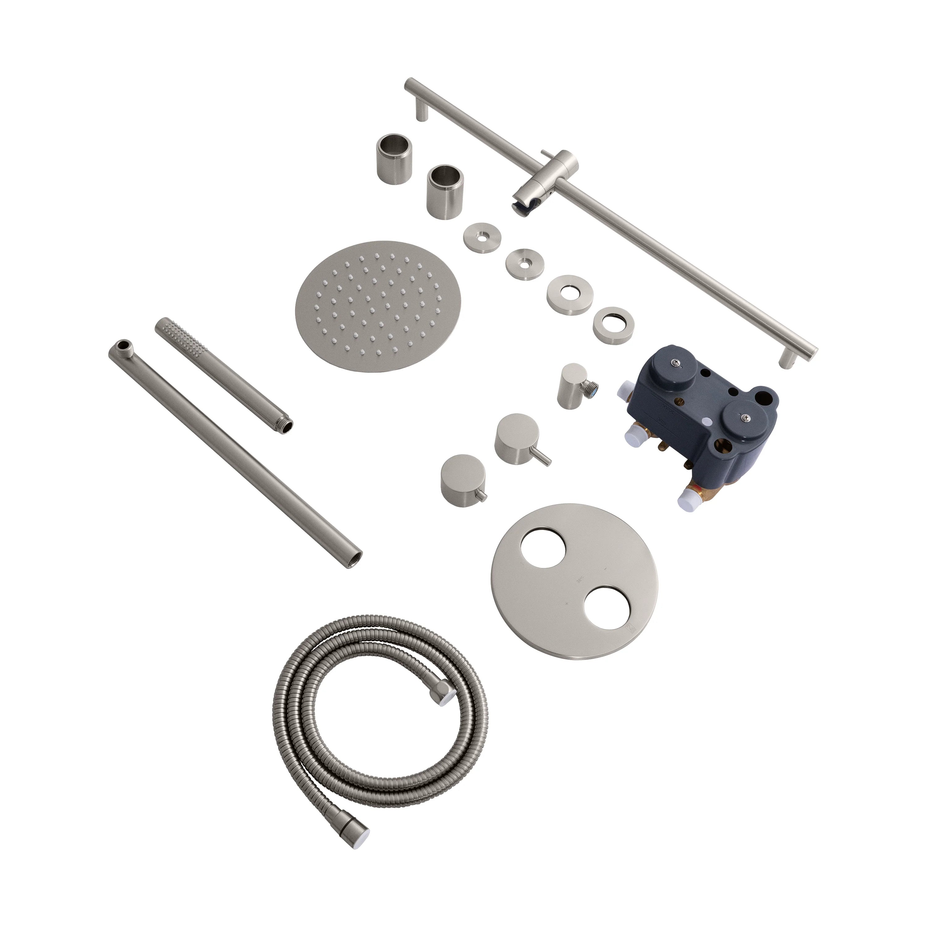 Shower system components: brushed nickel rail, hand shower, hose, and mounting parts