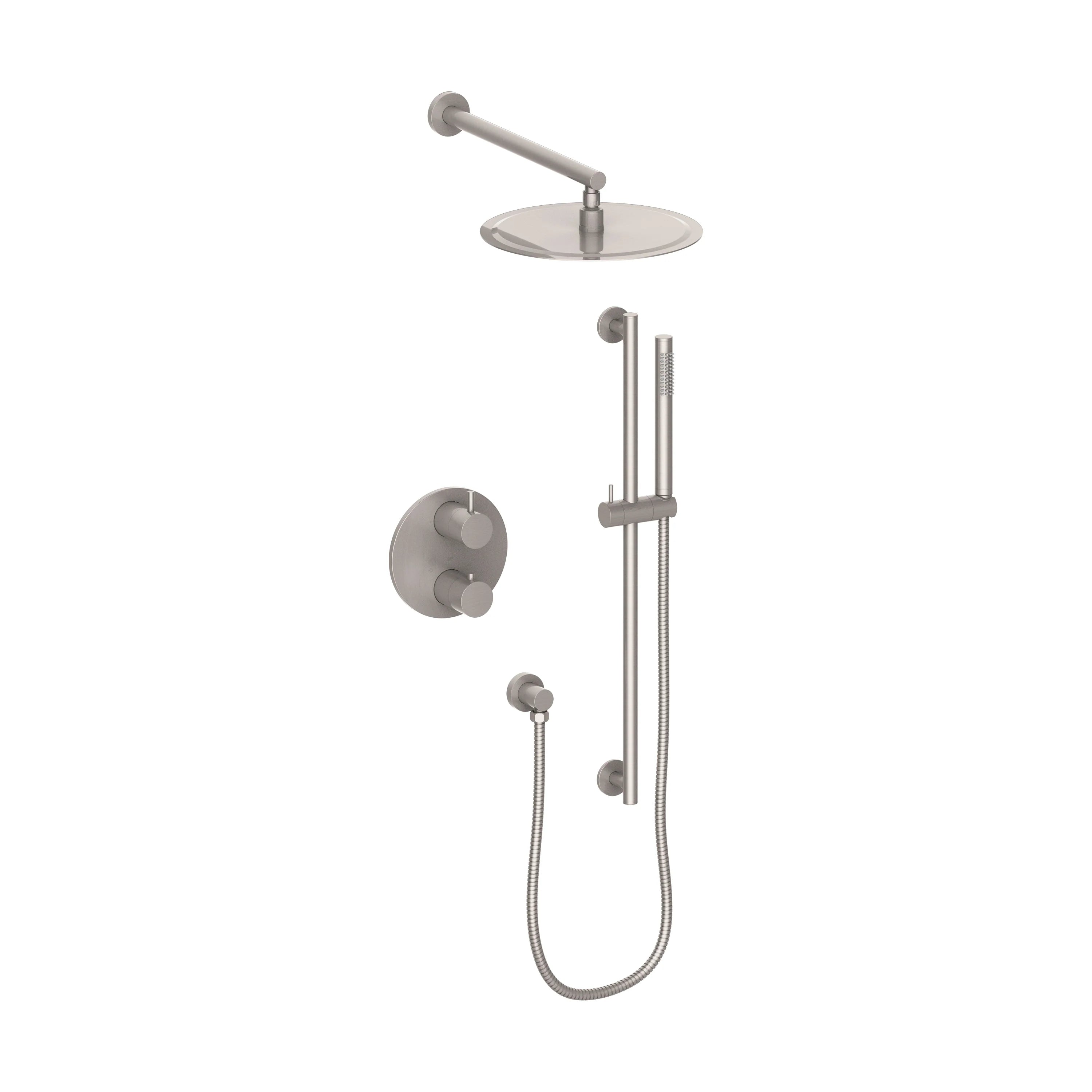 Brushed nickel thermostatic shower set with overhead shower, hand shower, and hose
