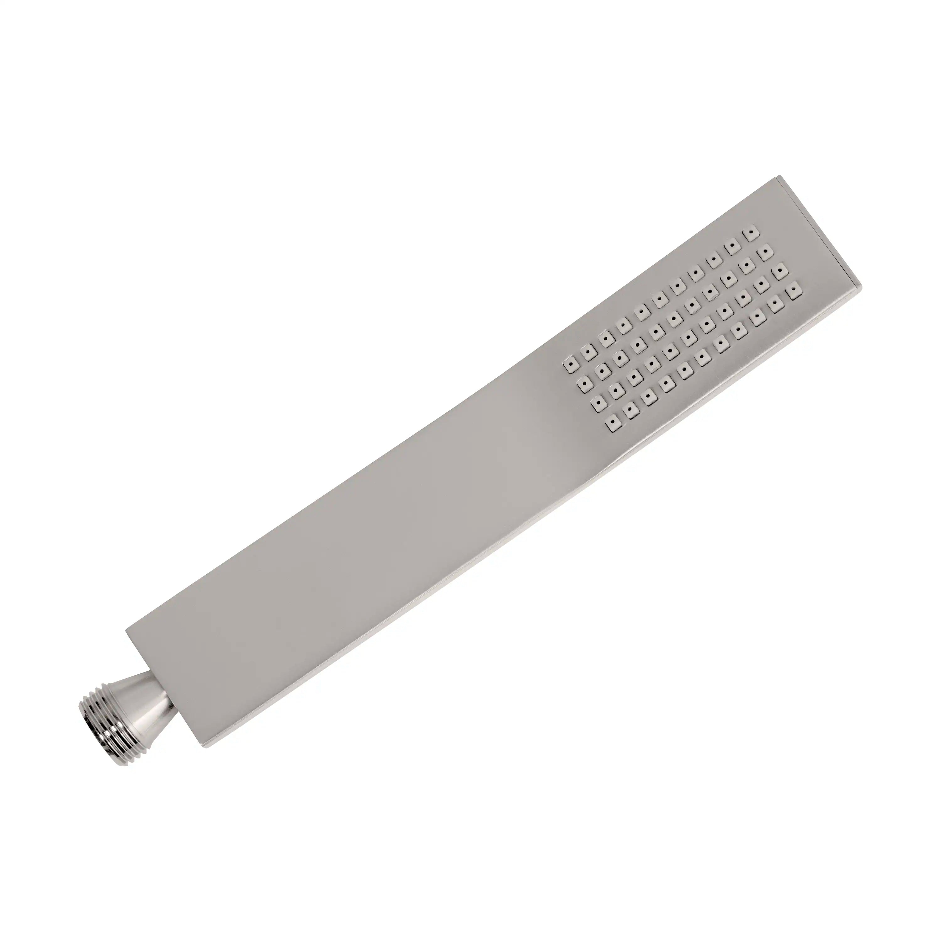 Square overhead rain showerhead with nozzle grid, brushed nickel finish.