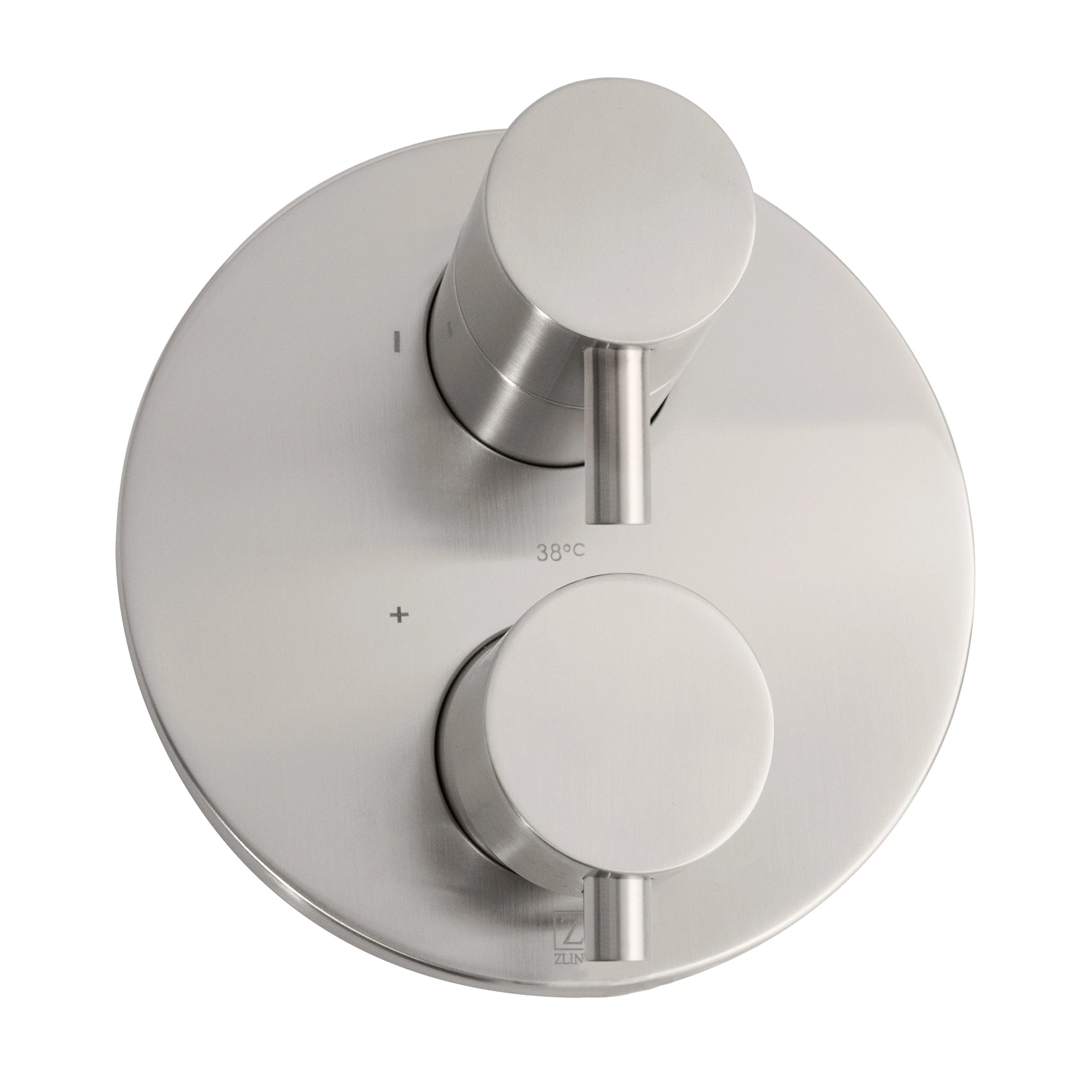 Stainless thermostatic control face with temperature markings and two knobs
