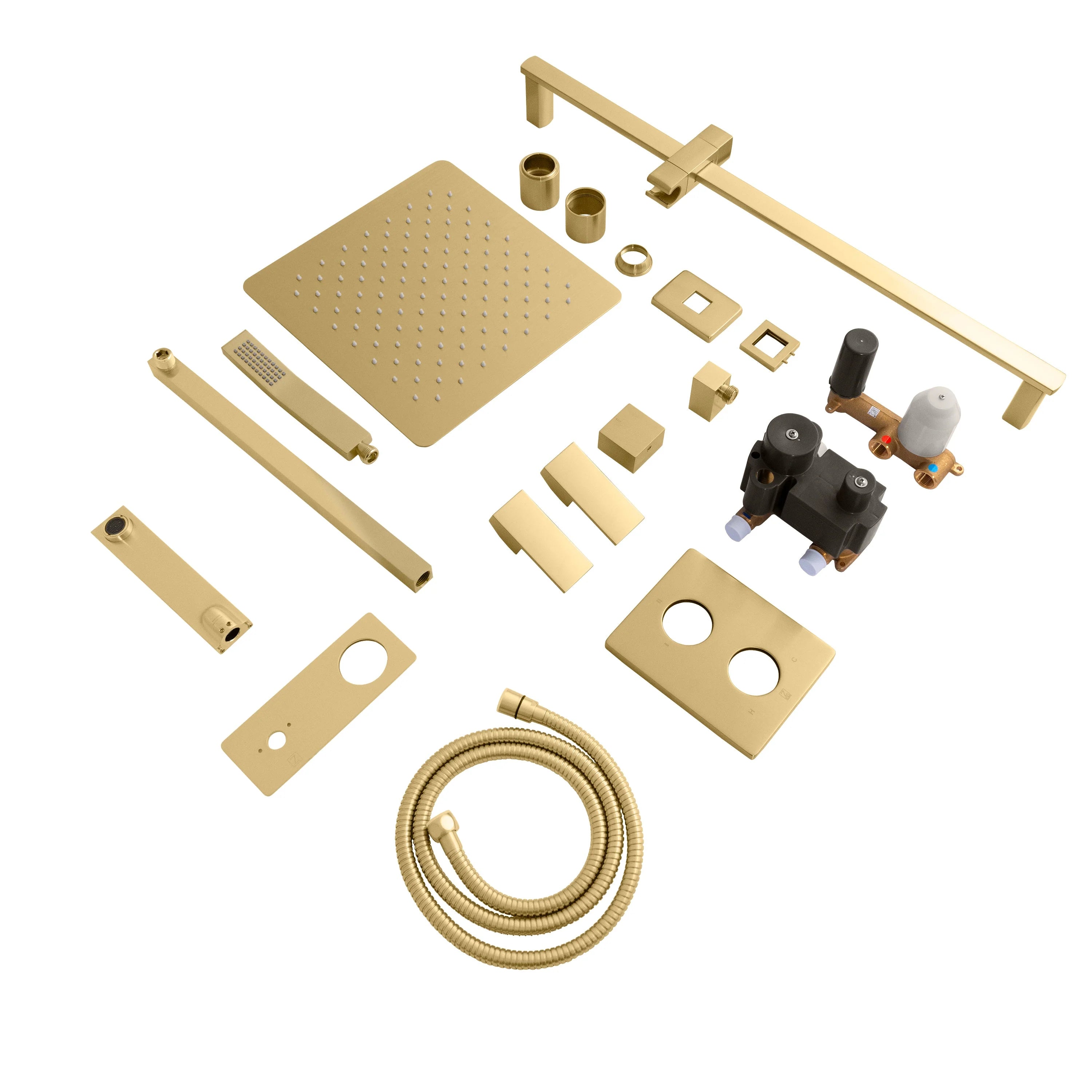 Champagne bronze shower system kit with oversized shower head, hand shower, and hose