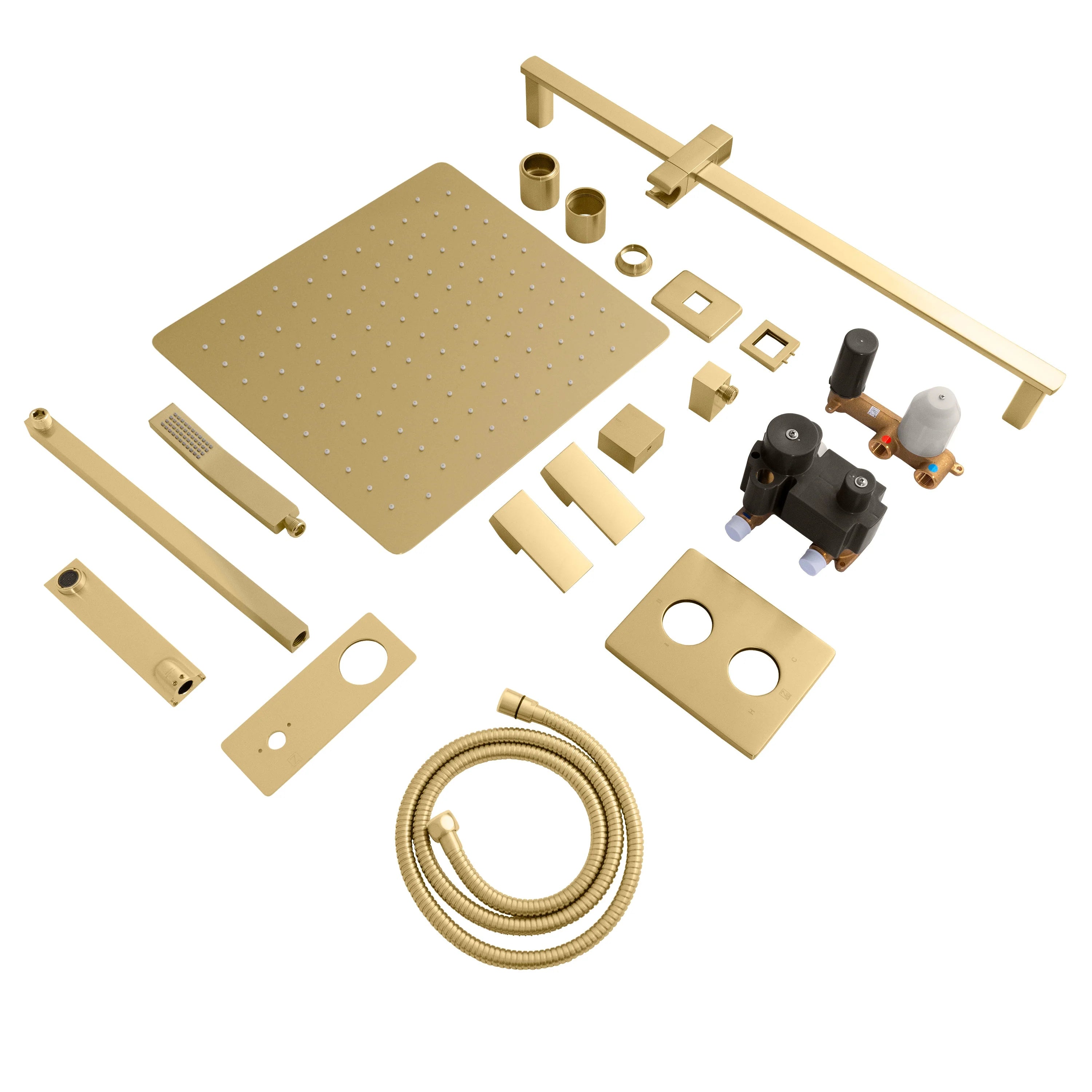 Champagne bronze shower system components: oversized shower head, trim, hose, valves