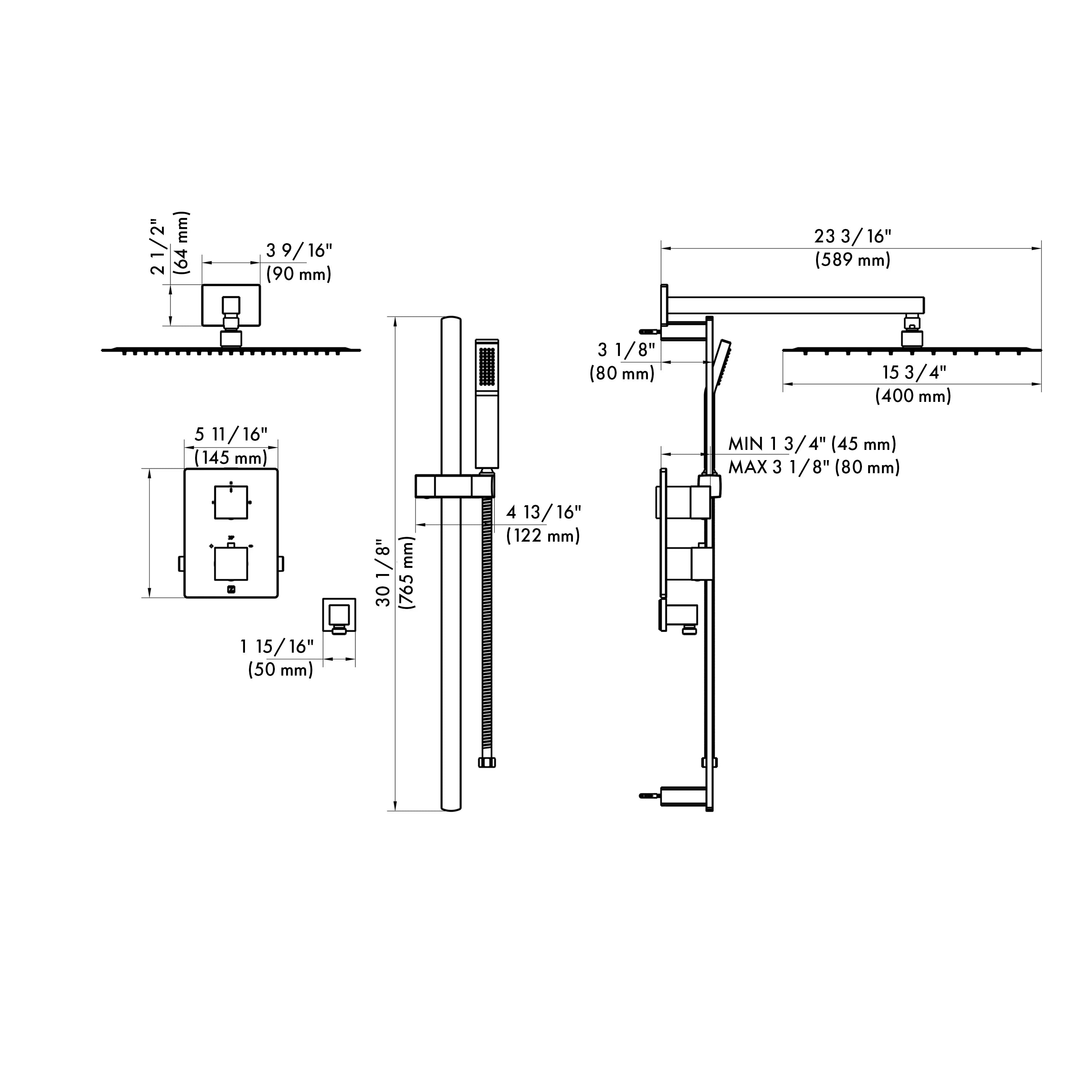 Thermostatic shower system dimension diagram with measured control and mounting sizes