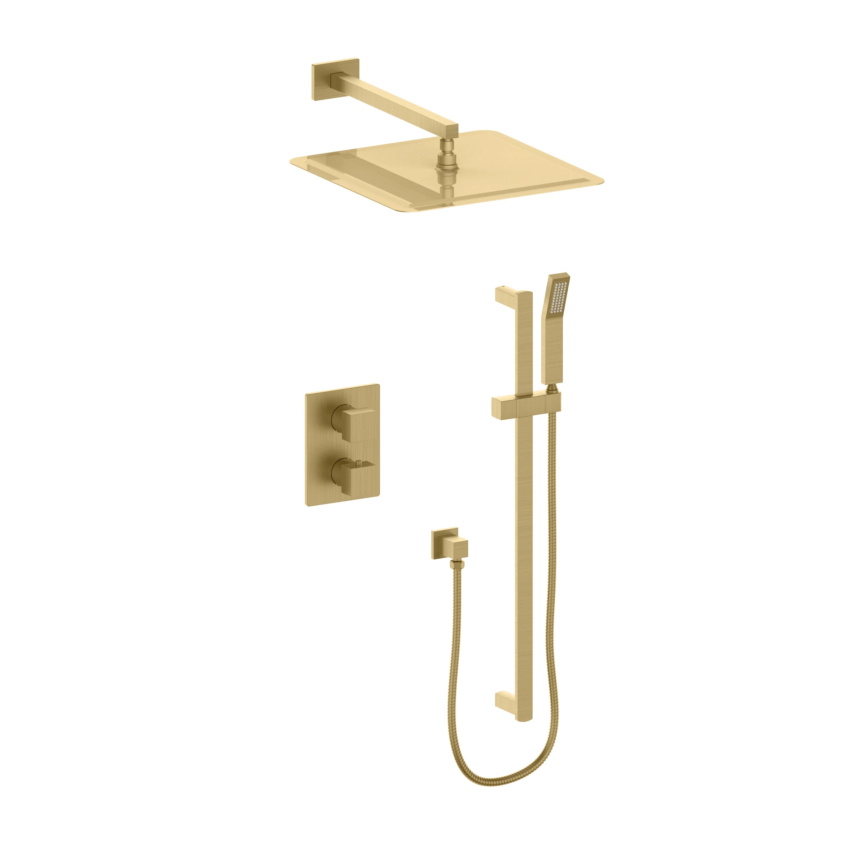 Champagne bronze shower set with square showerhead, handheld, and mixing valve components