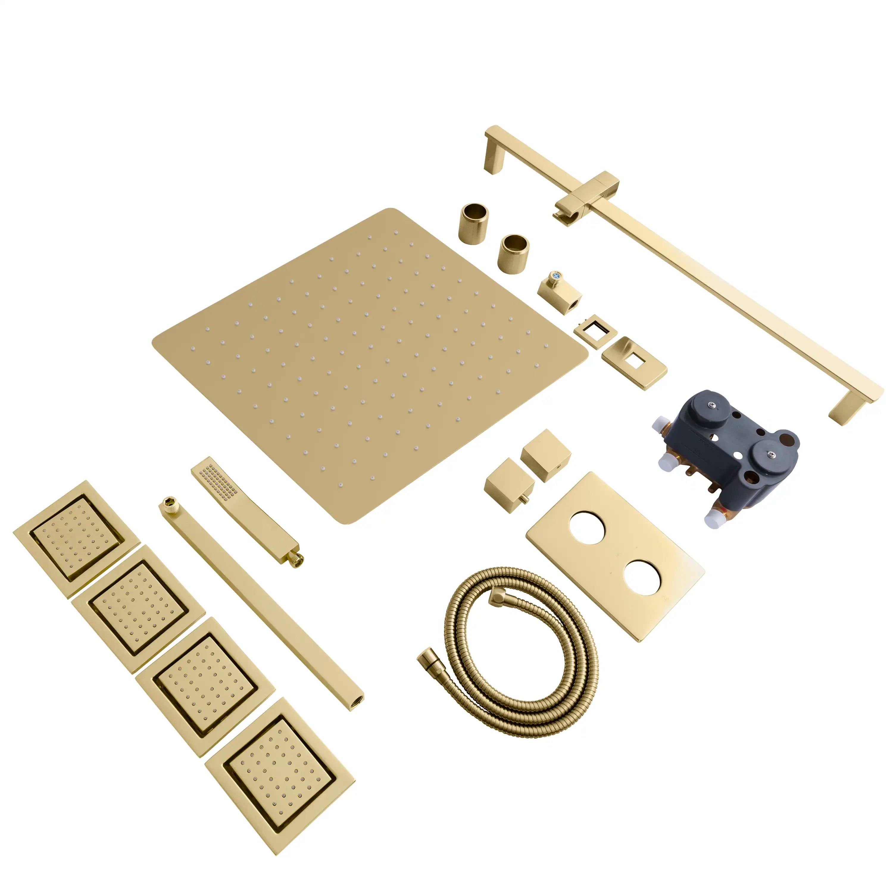 Champagne bronze shower system parts set: shower head, body jets, hoses, valves