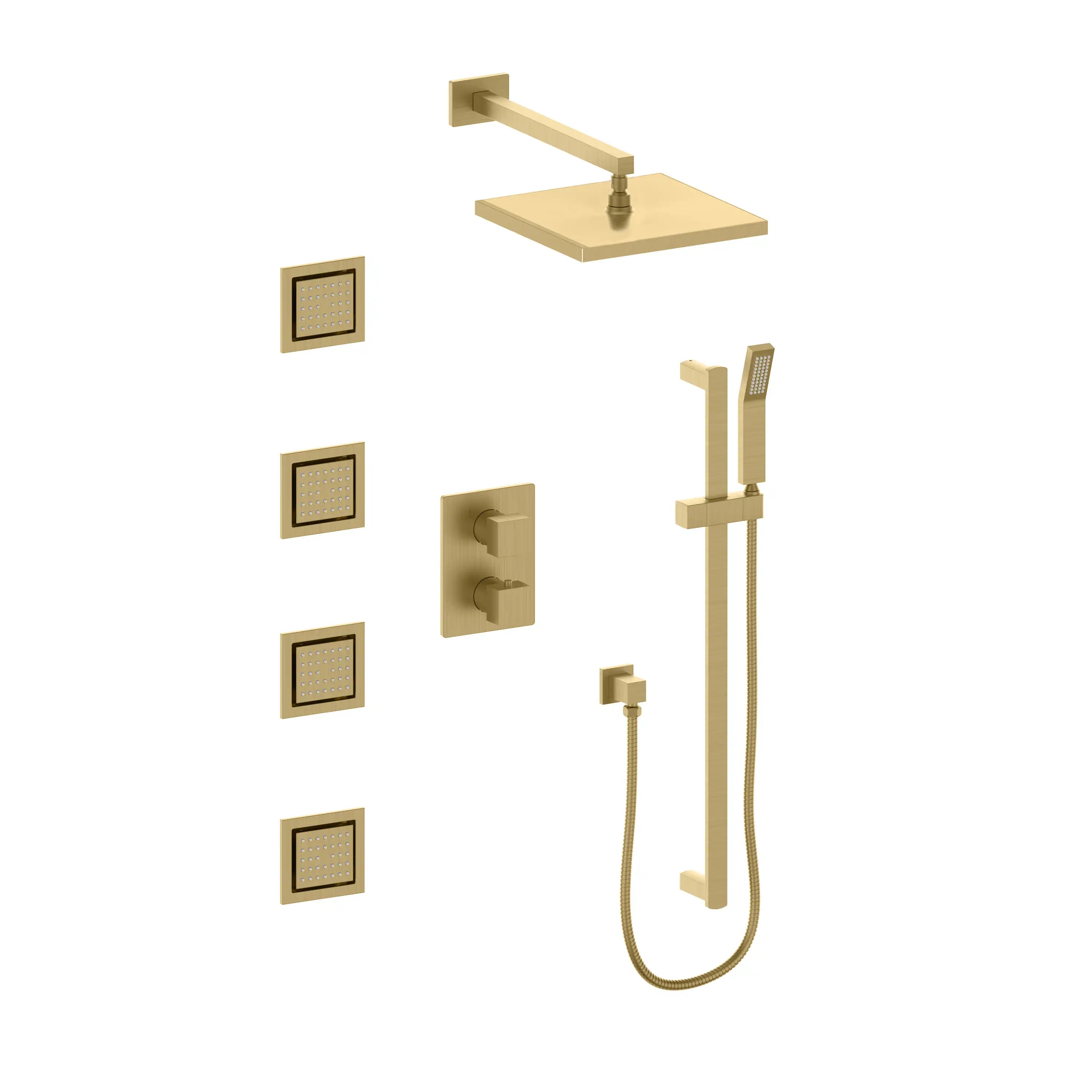 Champagne bronze shower set with square body jets, shower arm, and handheld bracket